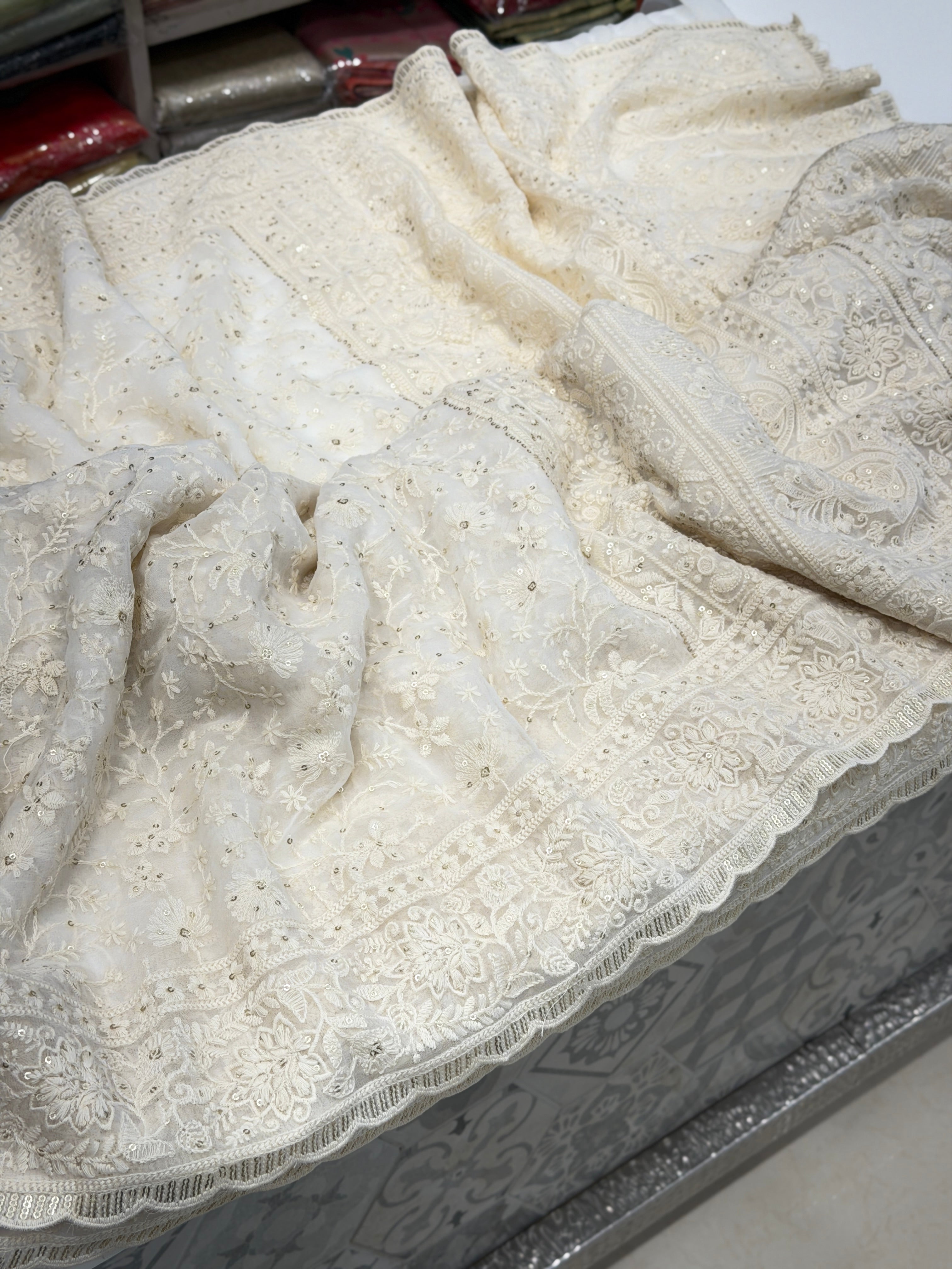 White Chikankari Embroidery Sikka Georgette Saree