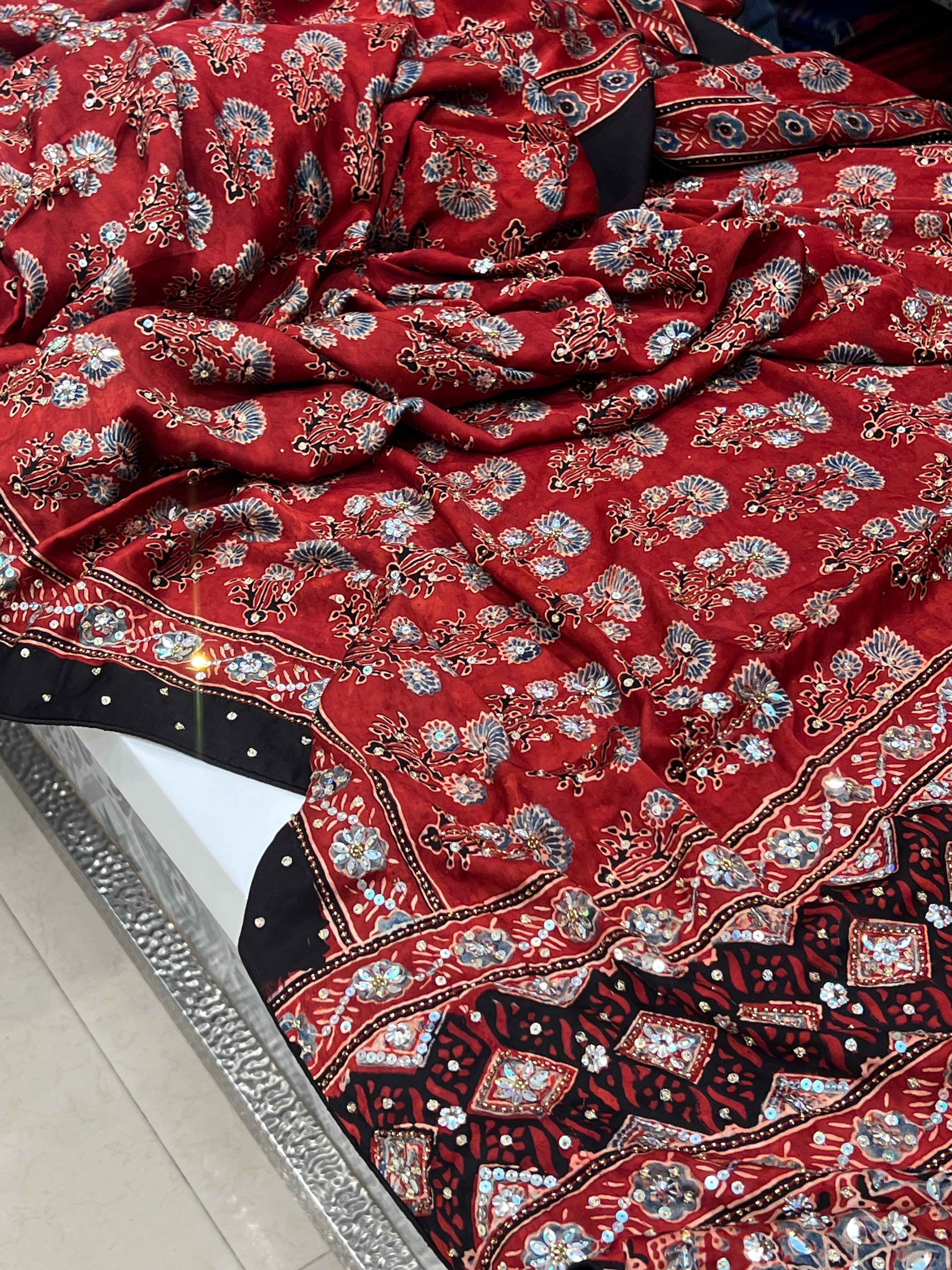 Red Black Hand Embroidery Ajrakh Saree