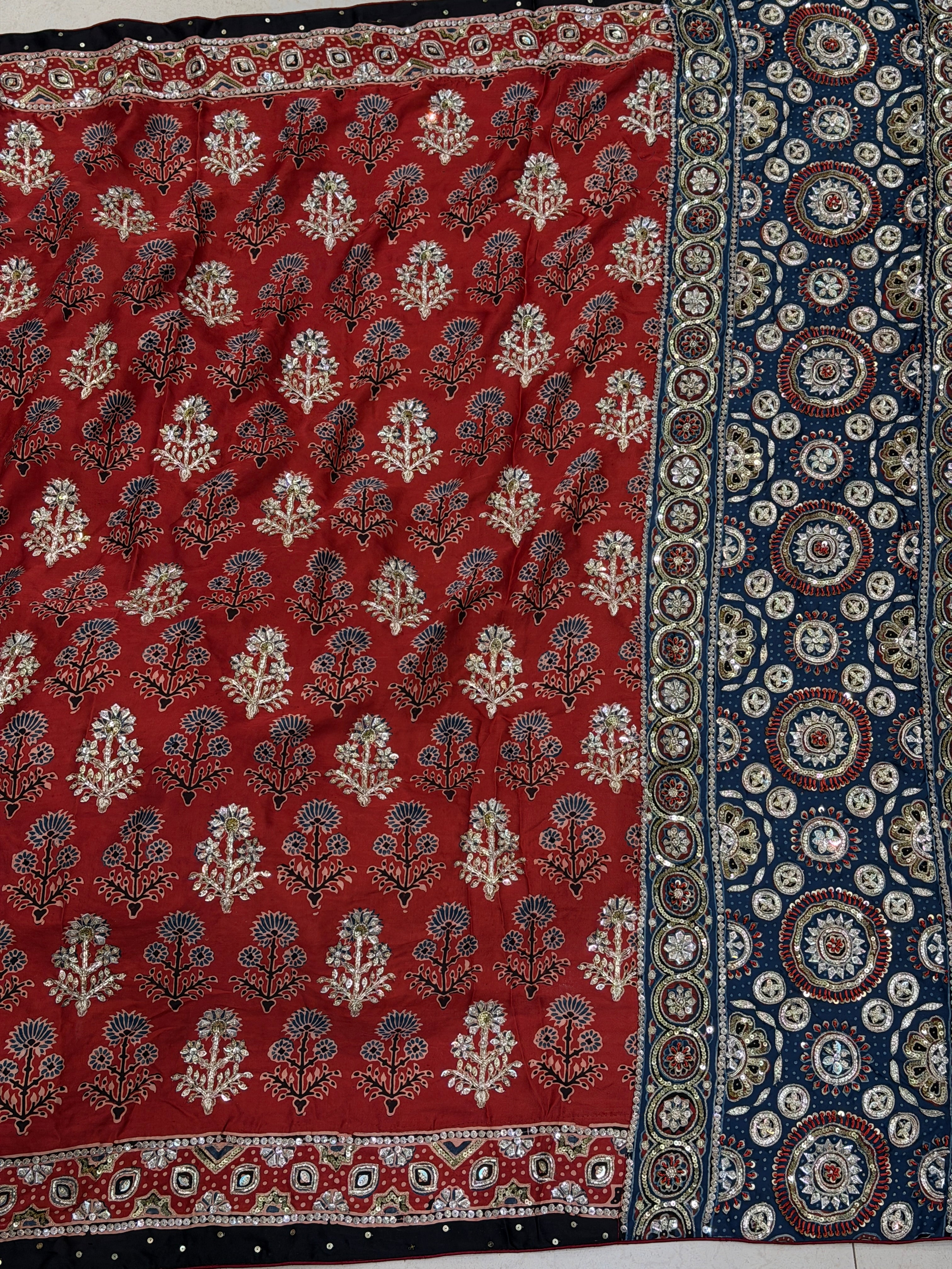 Red Blue Butta Pita Zardosi Sequin Ajrakh Hand Embroidery Saree
