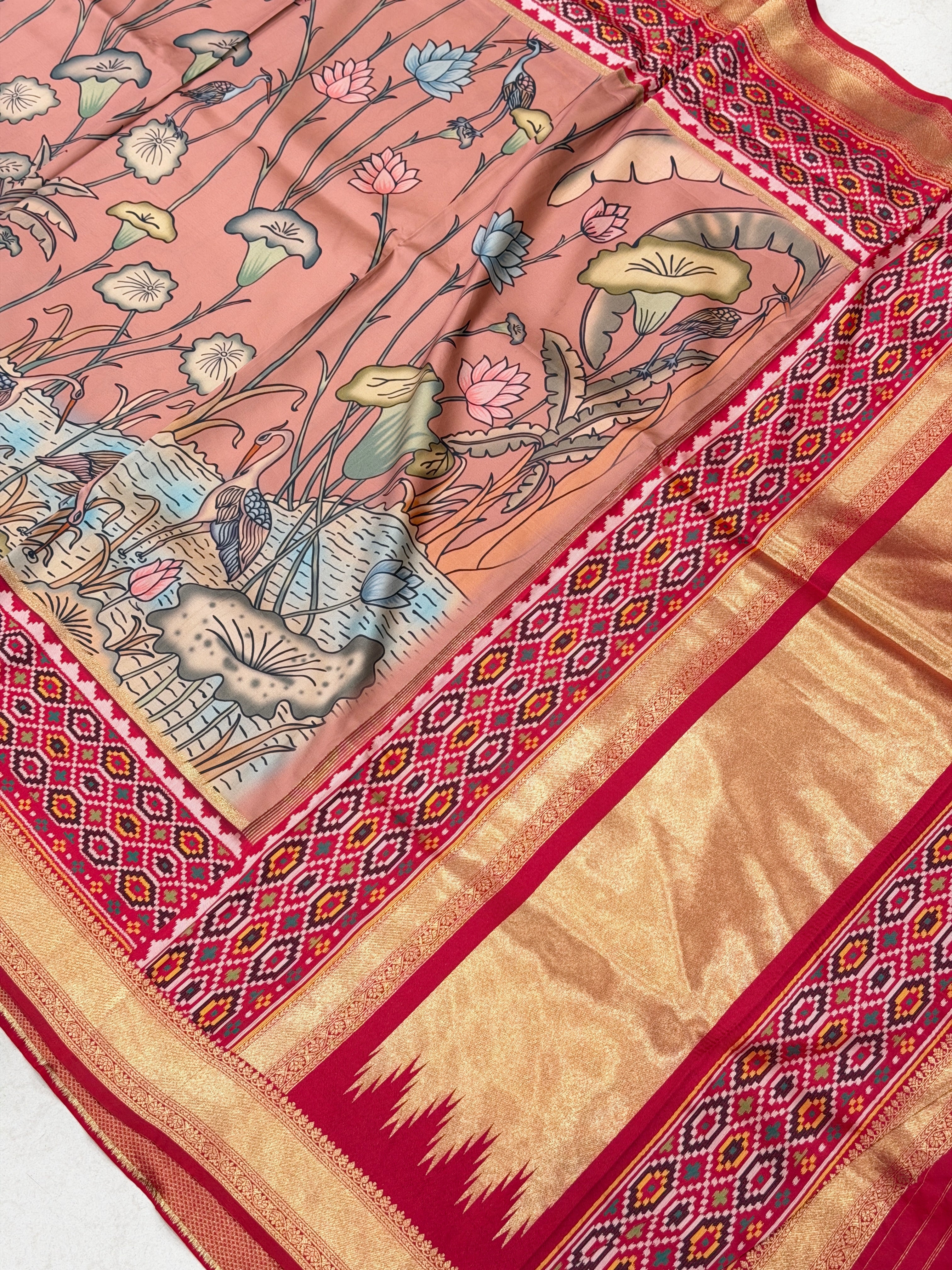 Pink Kalamkari Print Patola Weaved Soft Silk Saree