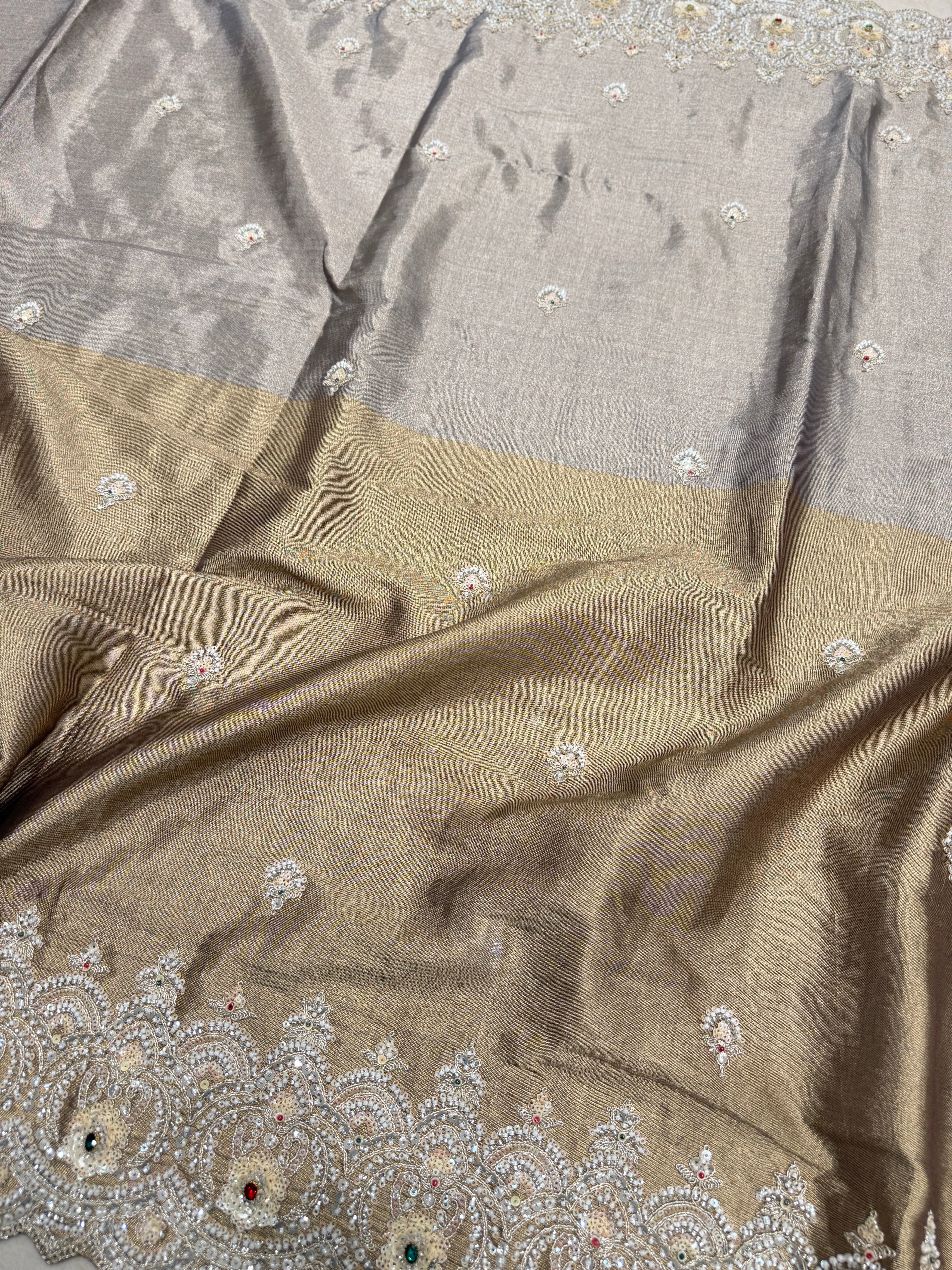 Light Golden Silver Soft Tissue Moti Crystal Embroidery Saree
