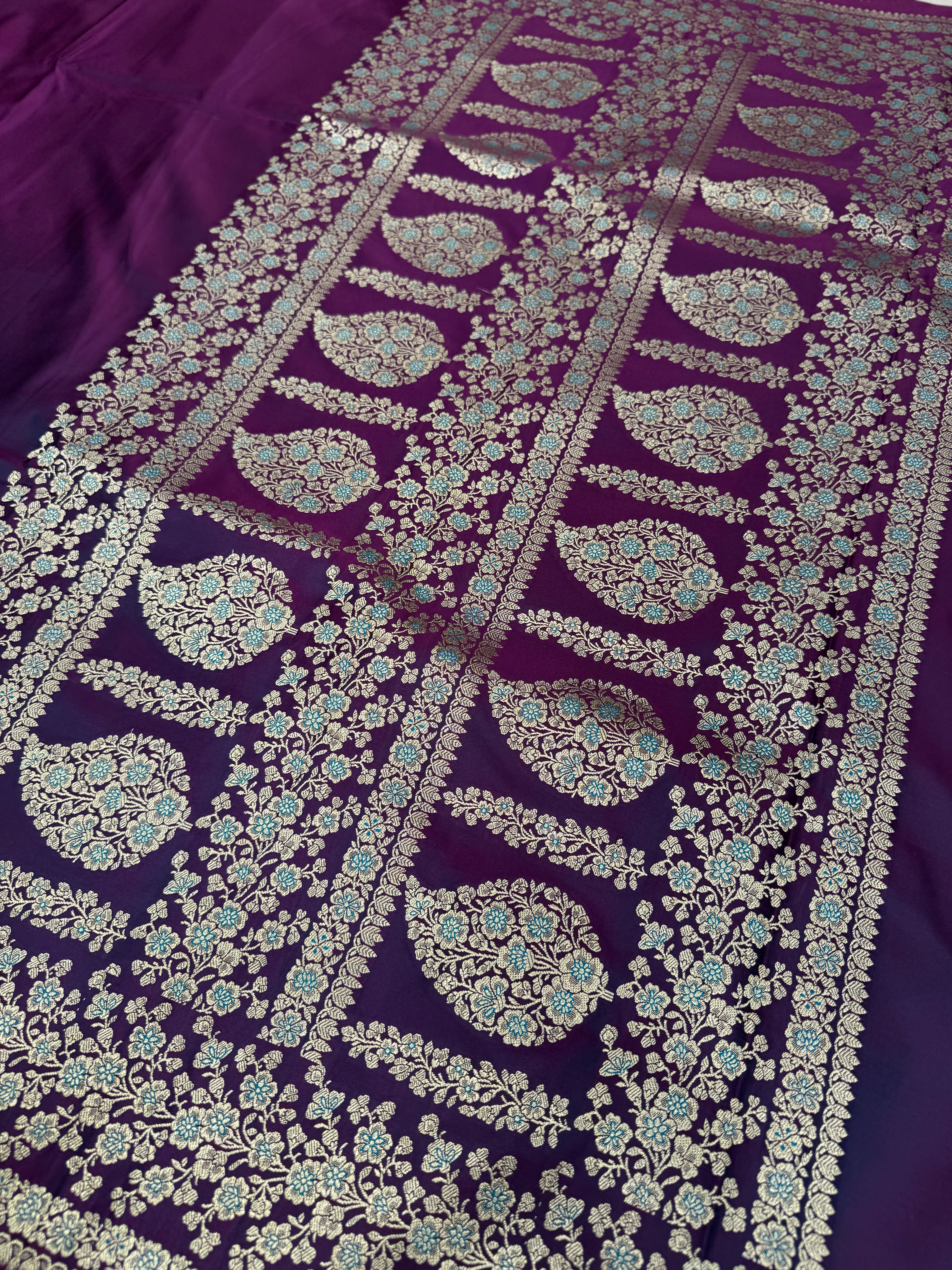 Wine Banarasi Silk Plain Floral Border Saree