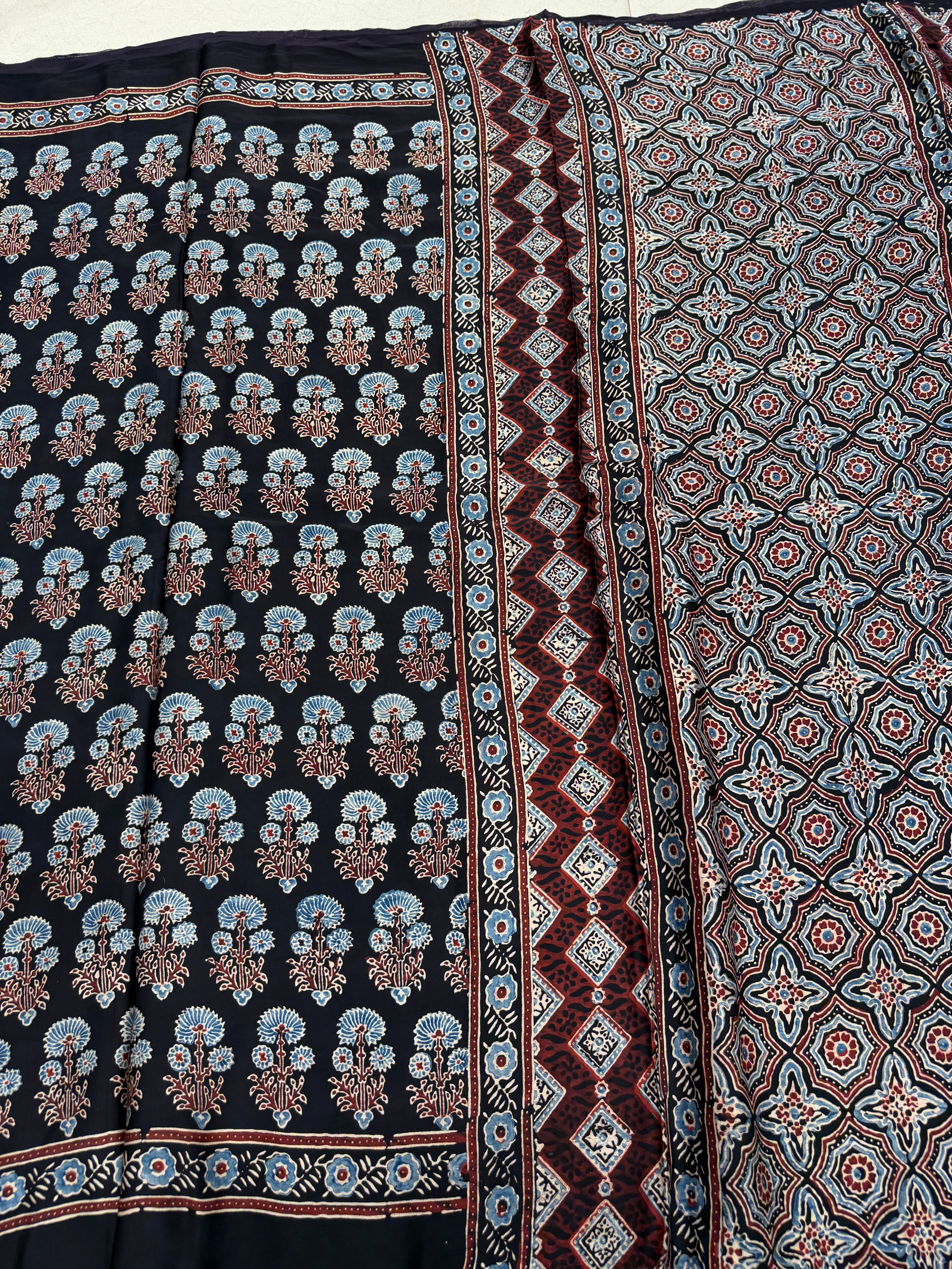 Black Floral Butta Ajrakh Hand Block Print Pure Gajji Silk Saree