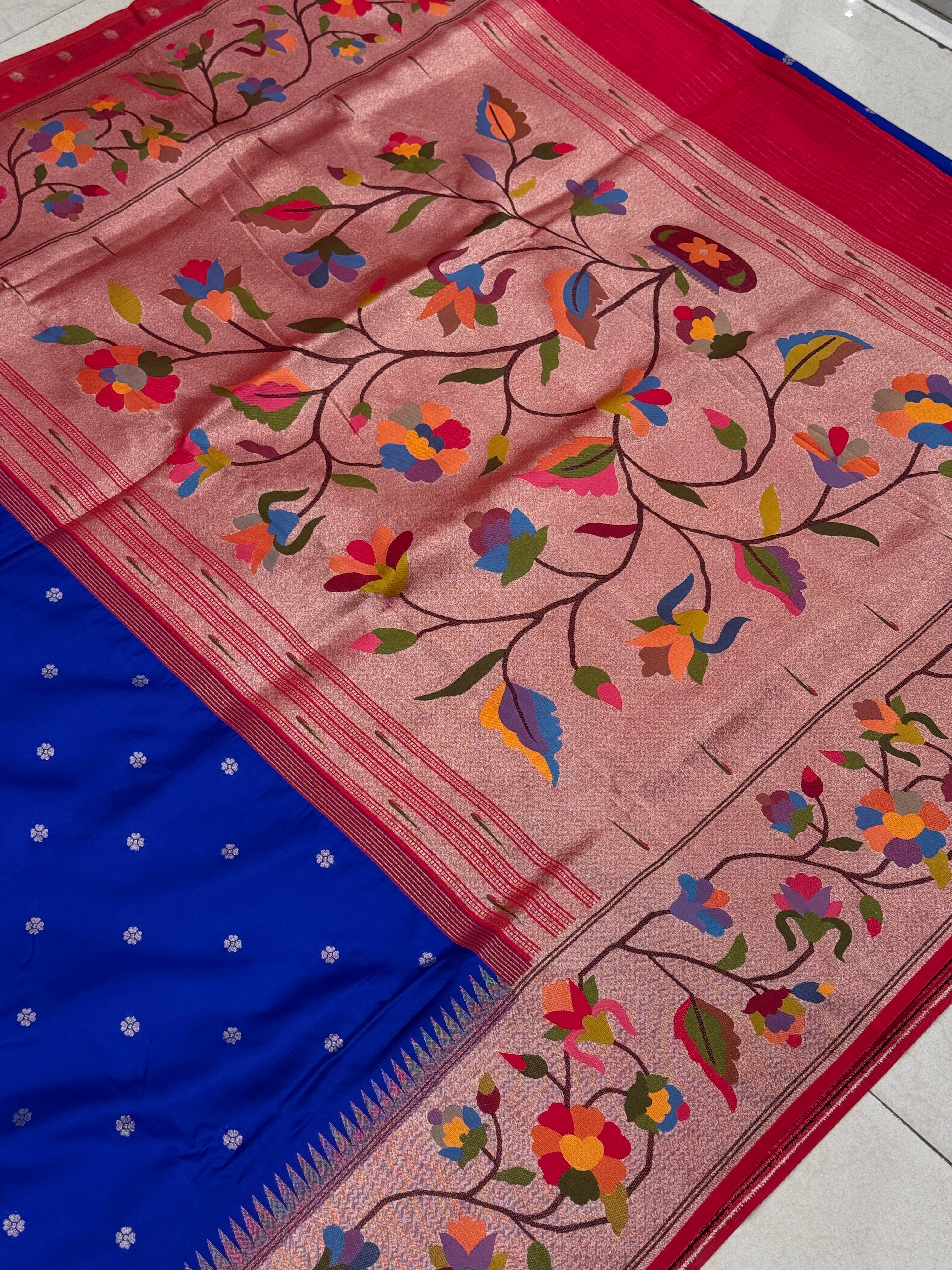 Royal Blue Floral Border Paithani Silk Saree