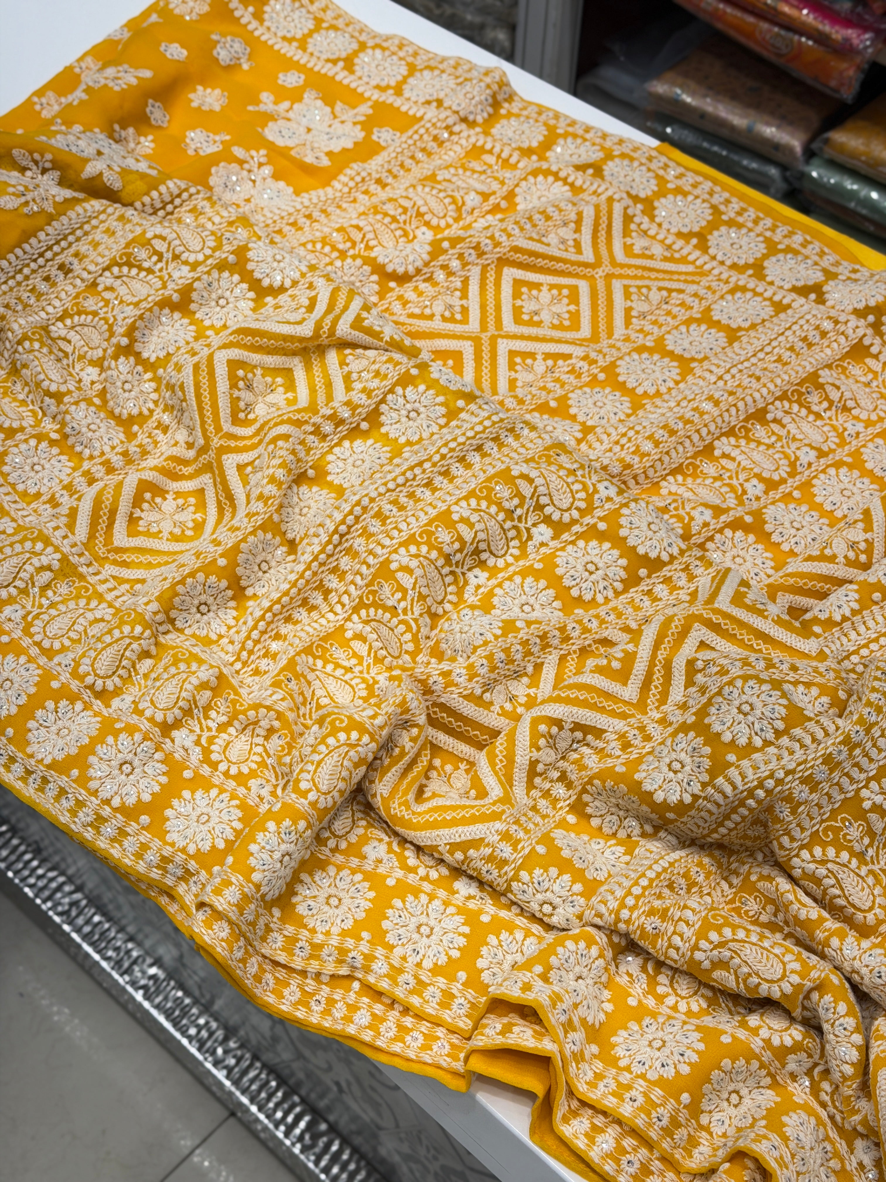 Yellow Chikankari Georgette Resham Butta Saree