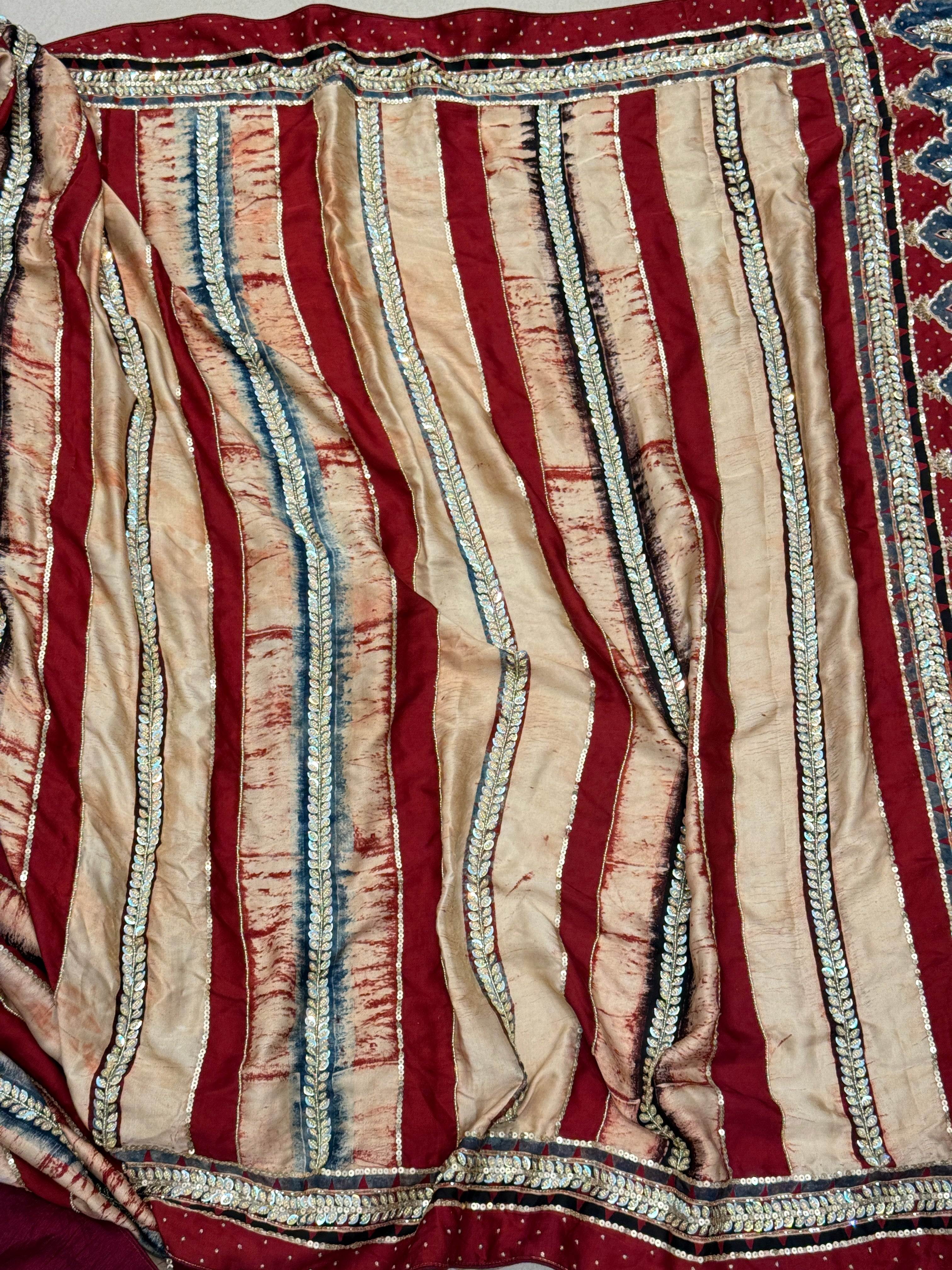 Ajrakh Hand Embroidery Zardosi Sequin Saree Contemporary