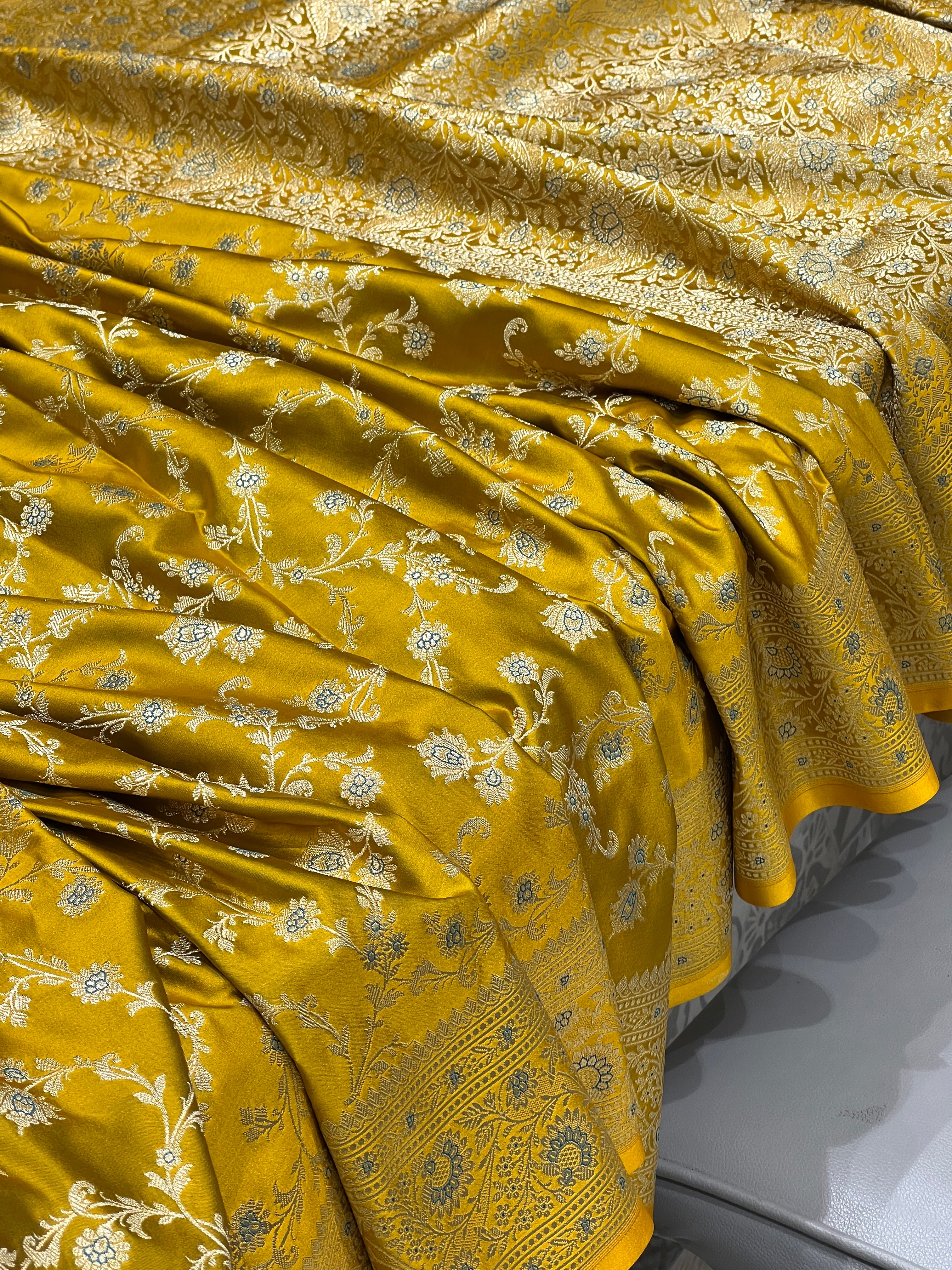 Greenish Yellow Banarasi Upside Down Border Saree