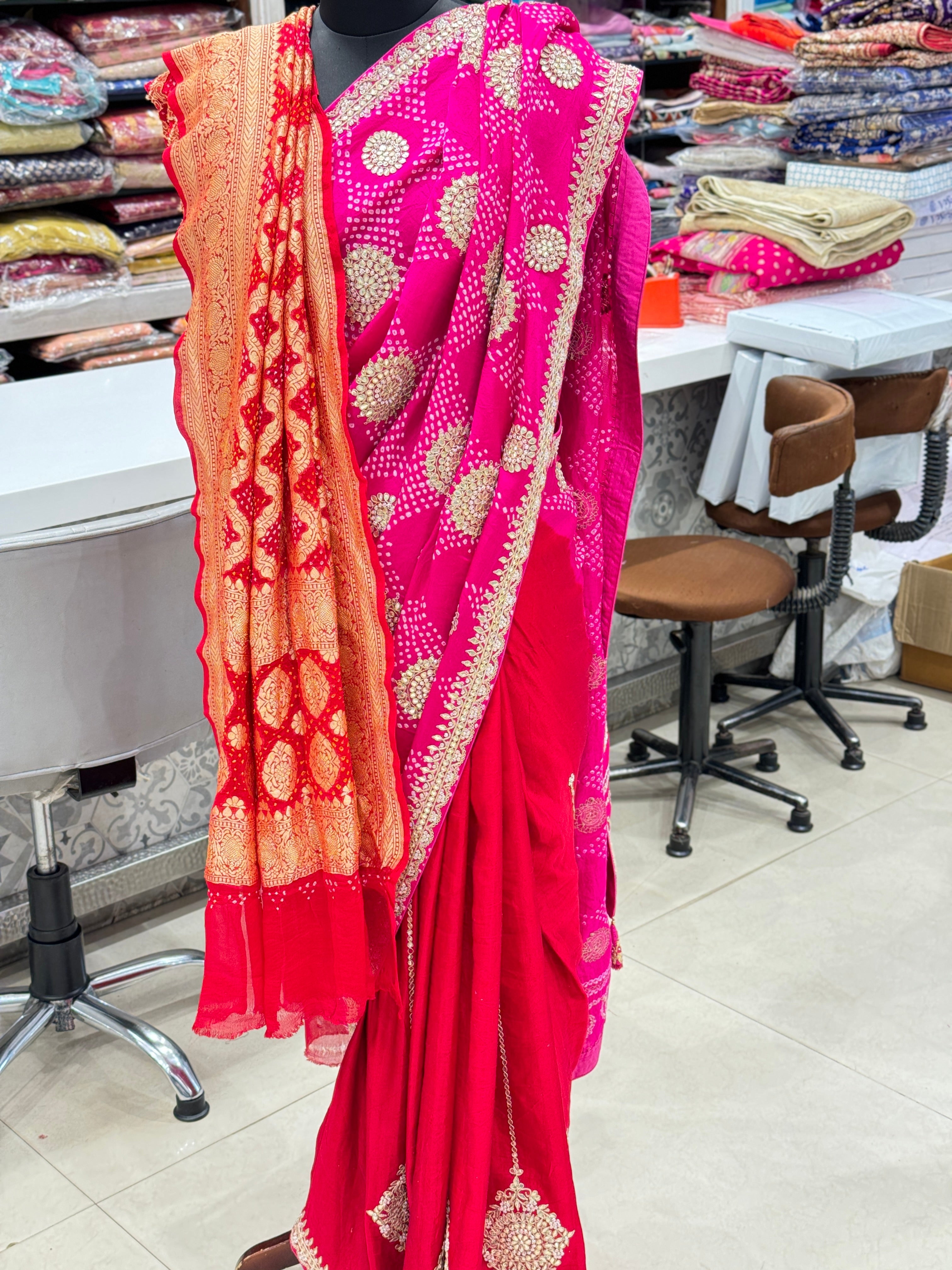 Gajji Silk Bandhej Gotapatti Saree