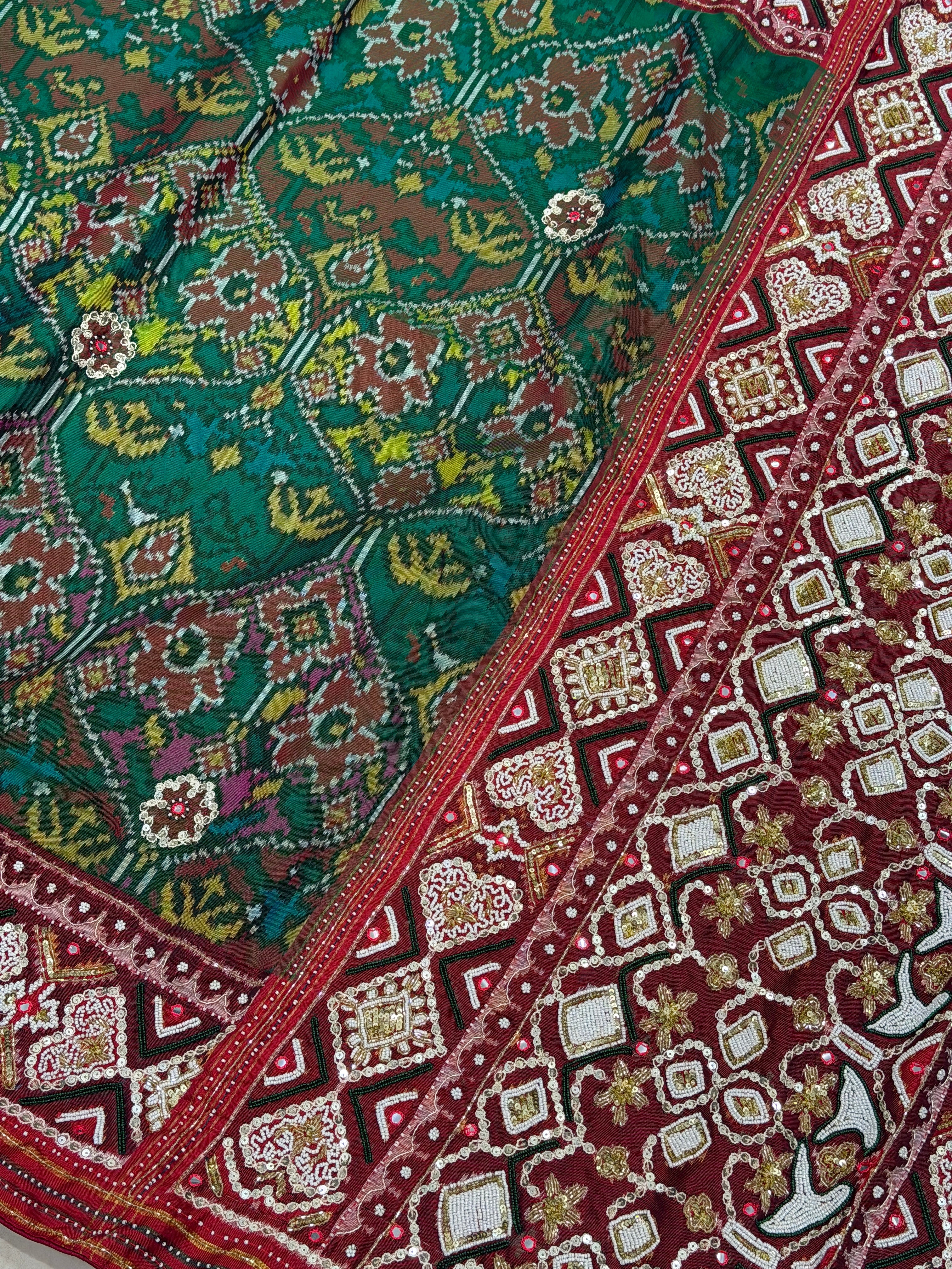 Green Patan Patola Hand Embroidery Kidiya Moti Zardosi Saree