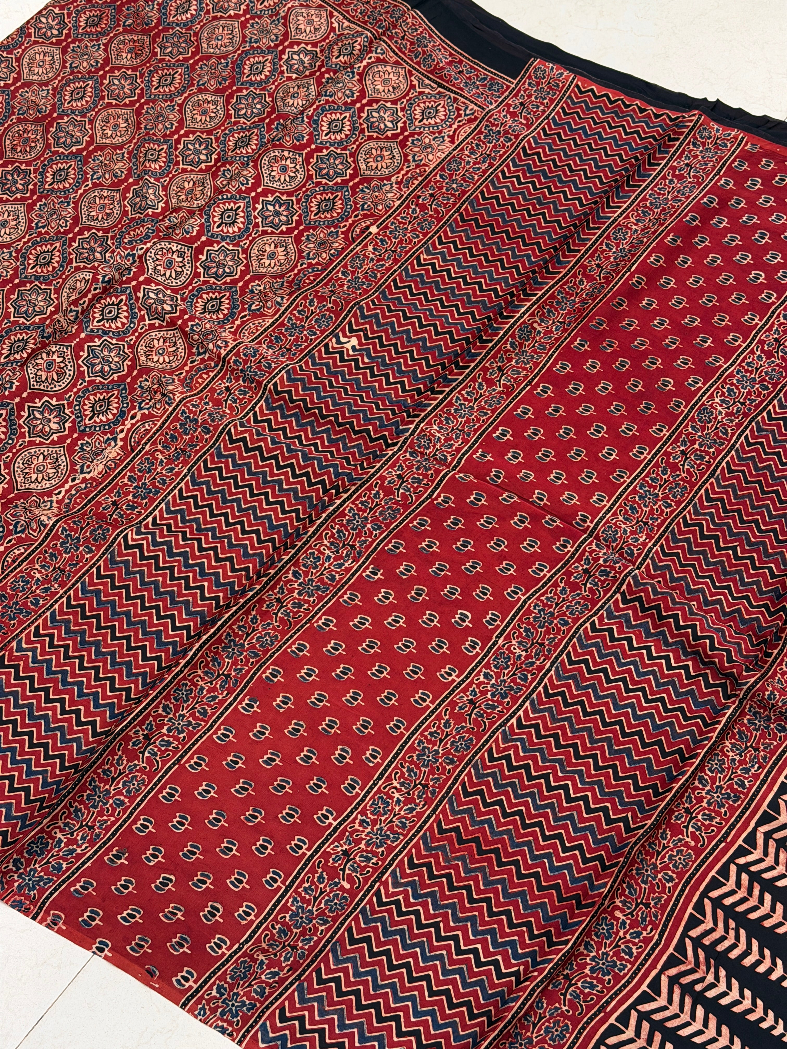 Red Badam Jaal Ajrakh Block Print Hand Pure Gajji Silk Saree