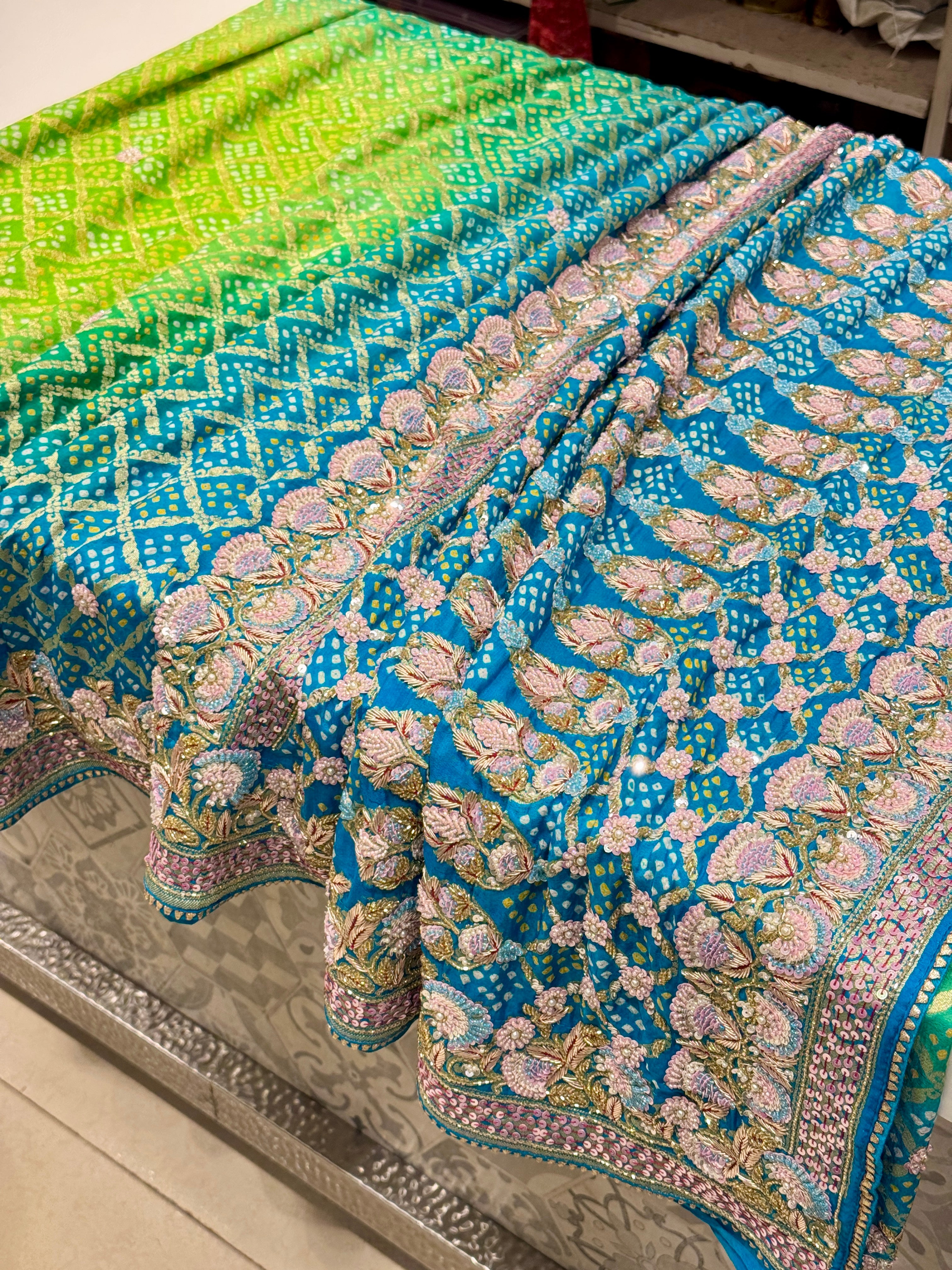 Jhanvi Kapoor Inspire Bandhej Hand Embroidery Saree