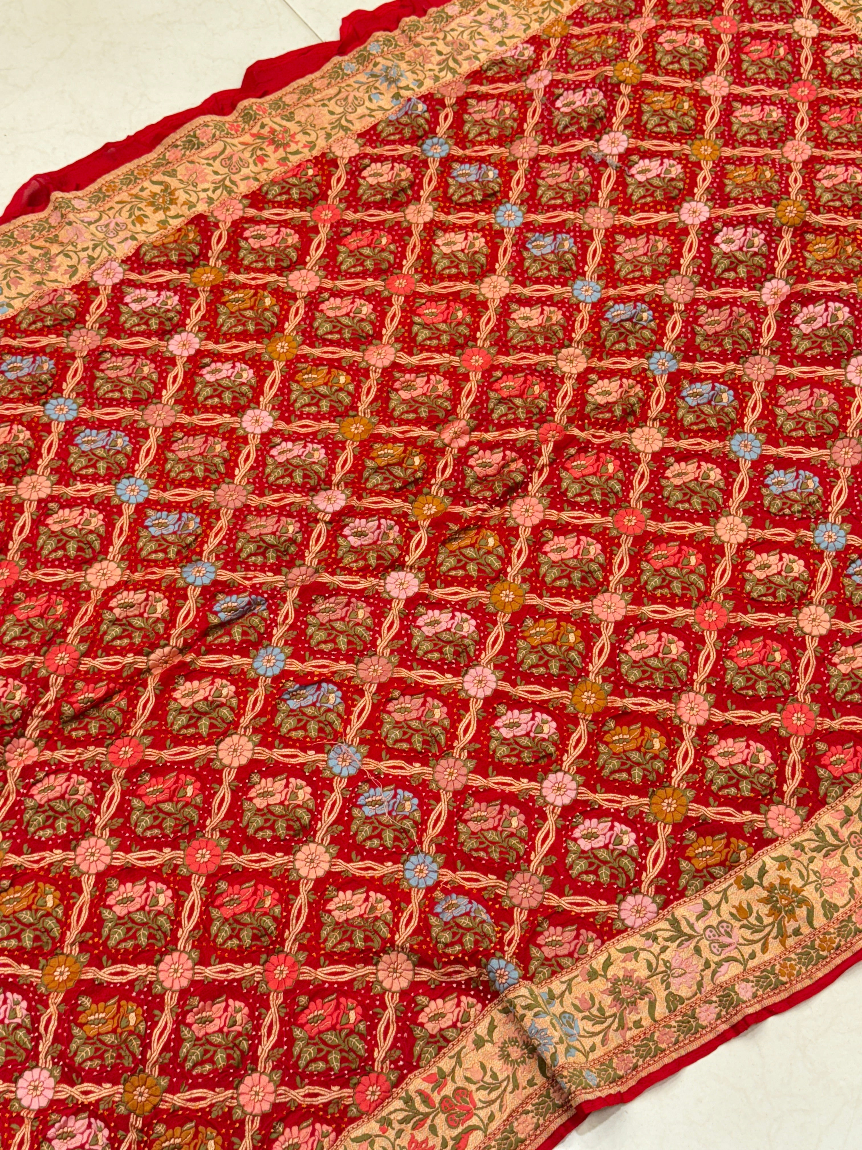 Red Floral Jaal Meenakari Rai Bandhej Georgette Bandhini Saree