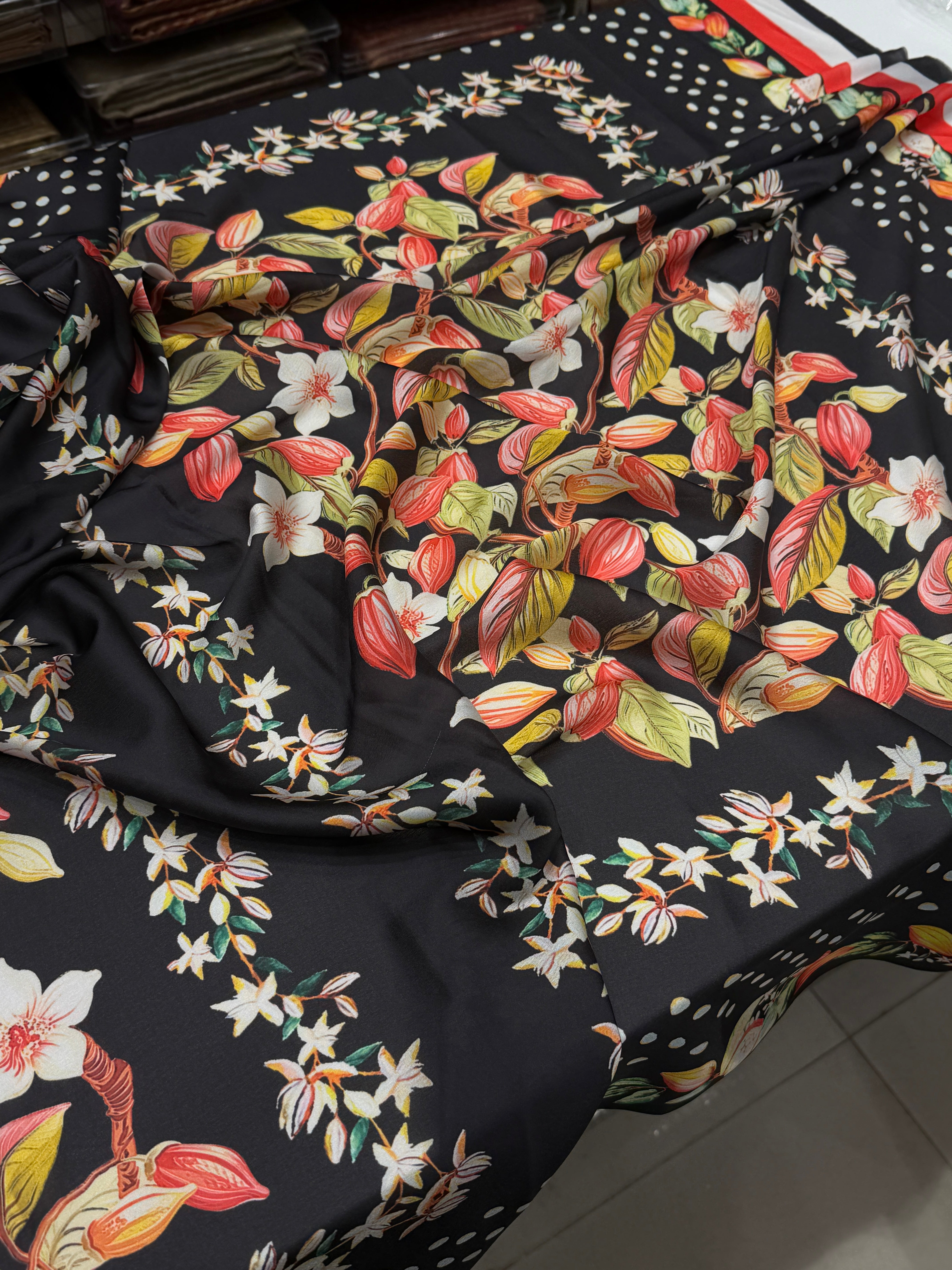 Black Floral Digital Print Satin Saree