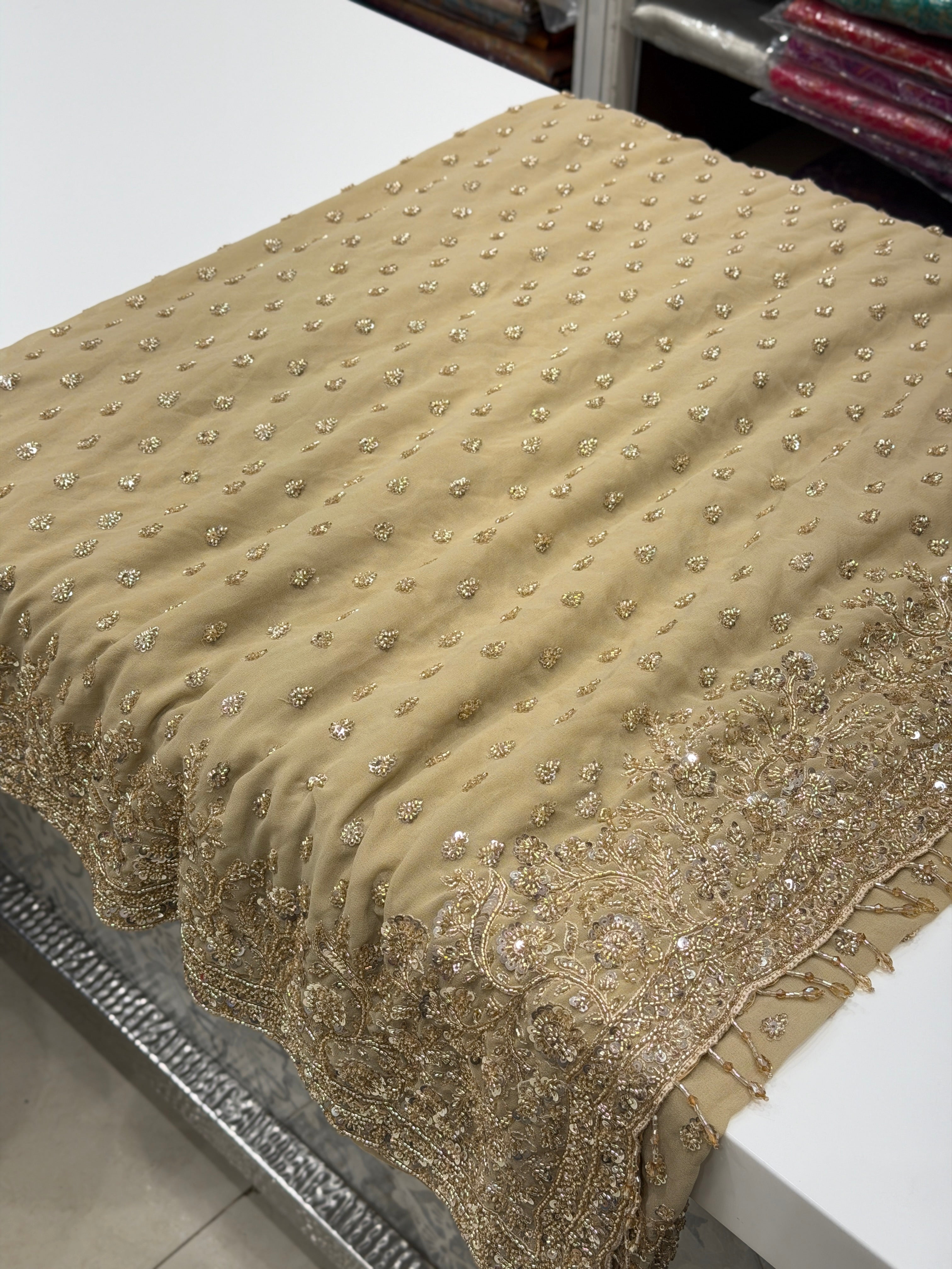 Beige Manish Malhotra Inspired Georgette Moti Sequin Butti Saree