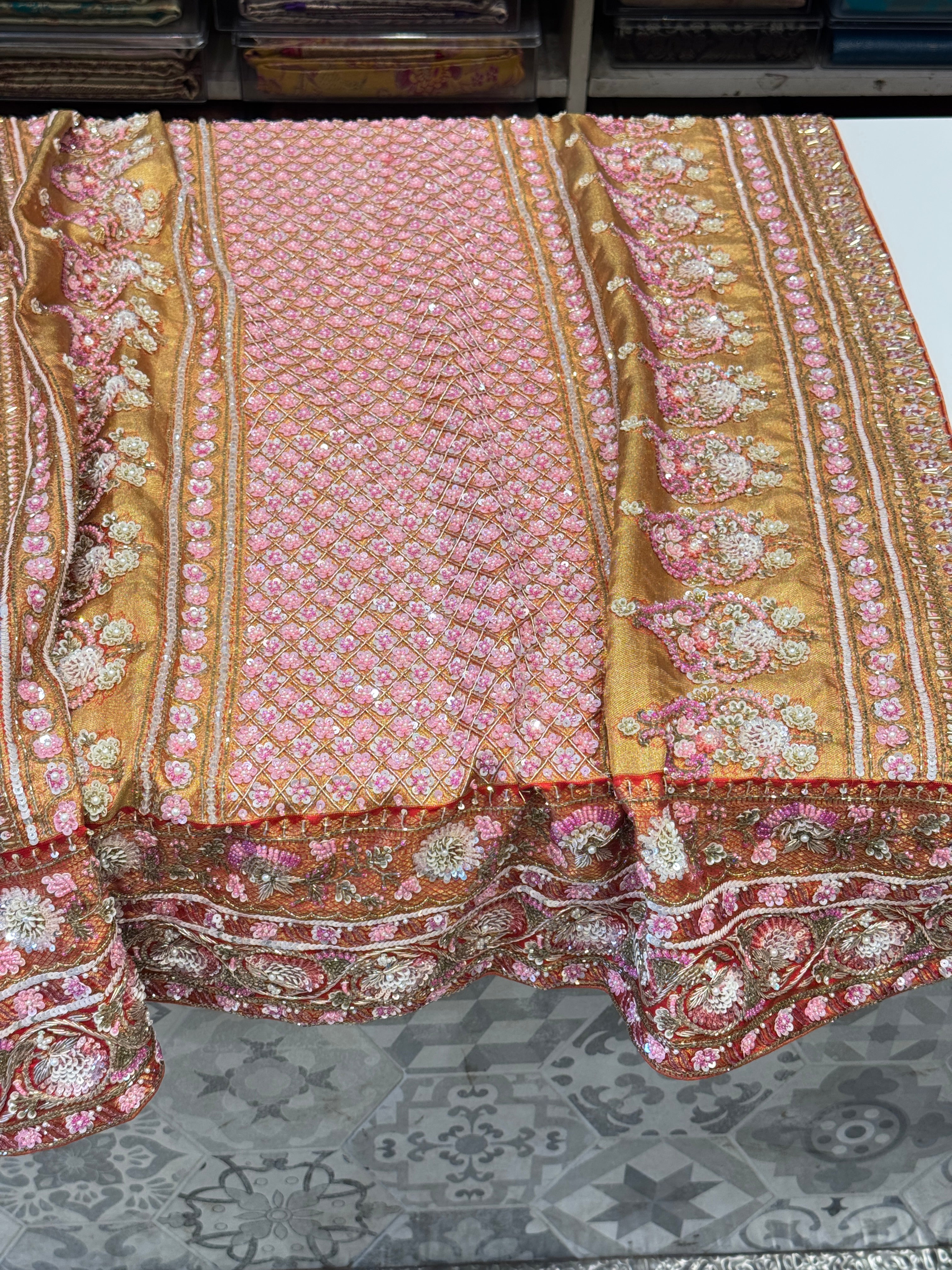 Red Golden Kanjivaram Moti Zardosi Hand Embroidery Saree