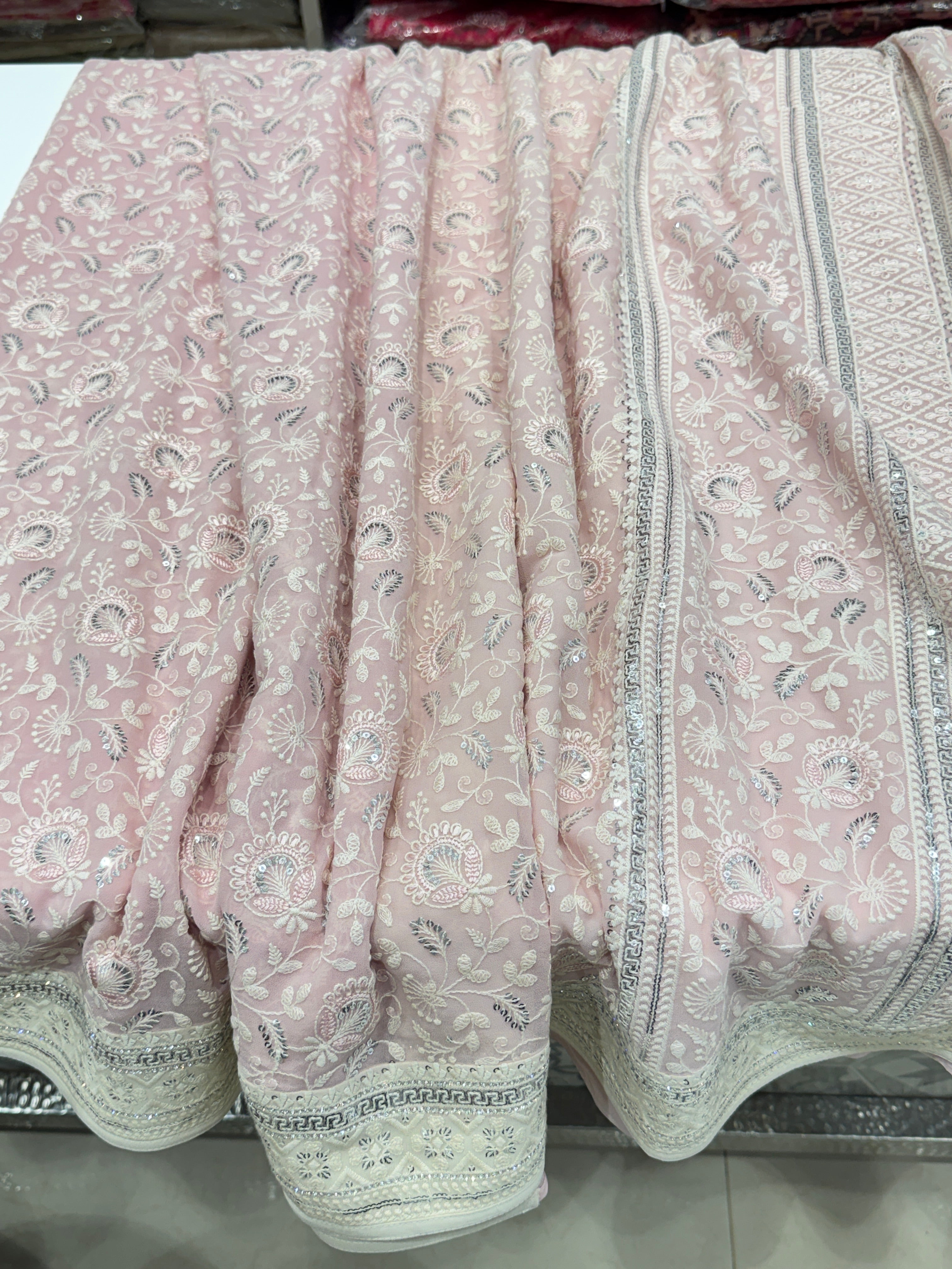 Pink Chikankari Saree Floral Design with Moti Embroidery