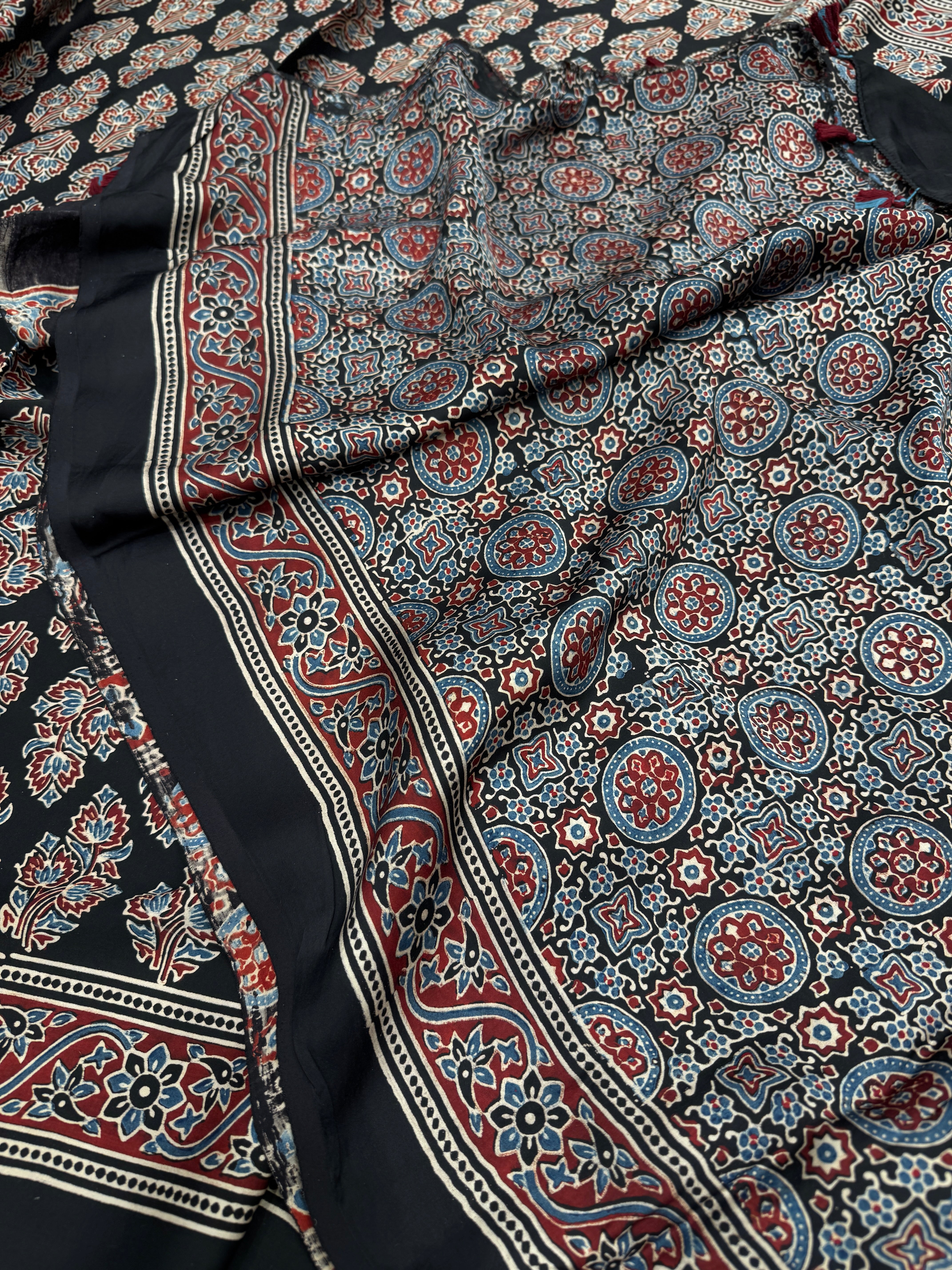 Black Tree Buttas Hand Block Print Ajrkah Pure Gajji Silk Saree