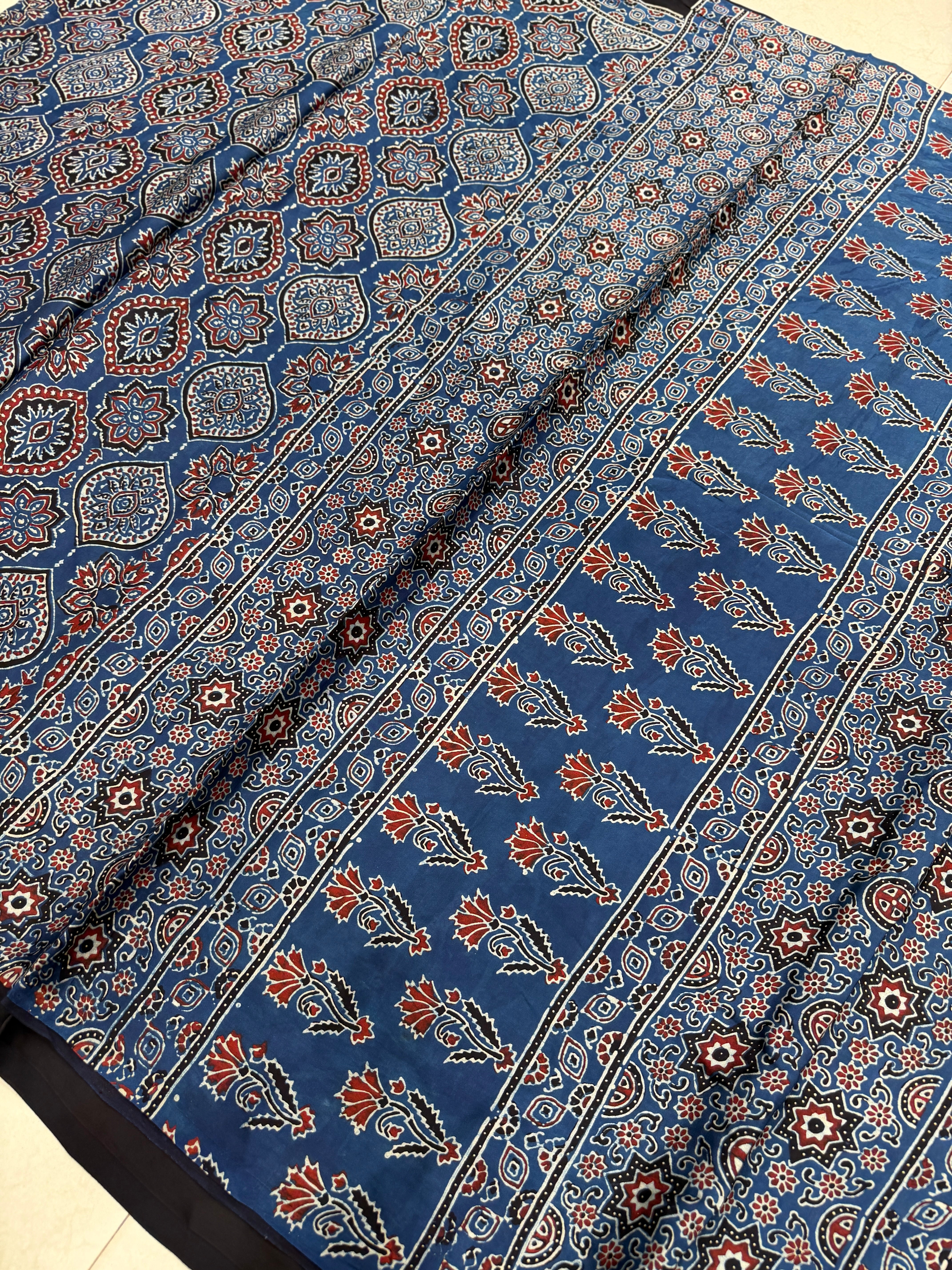 Blue Badam Jaal Ajrakh Hand Block Print Pure Gajji Silk Saree