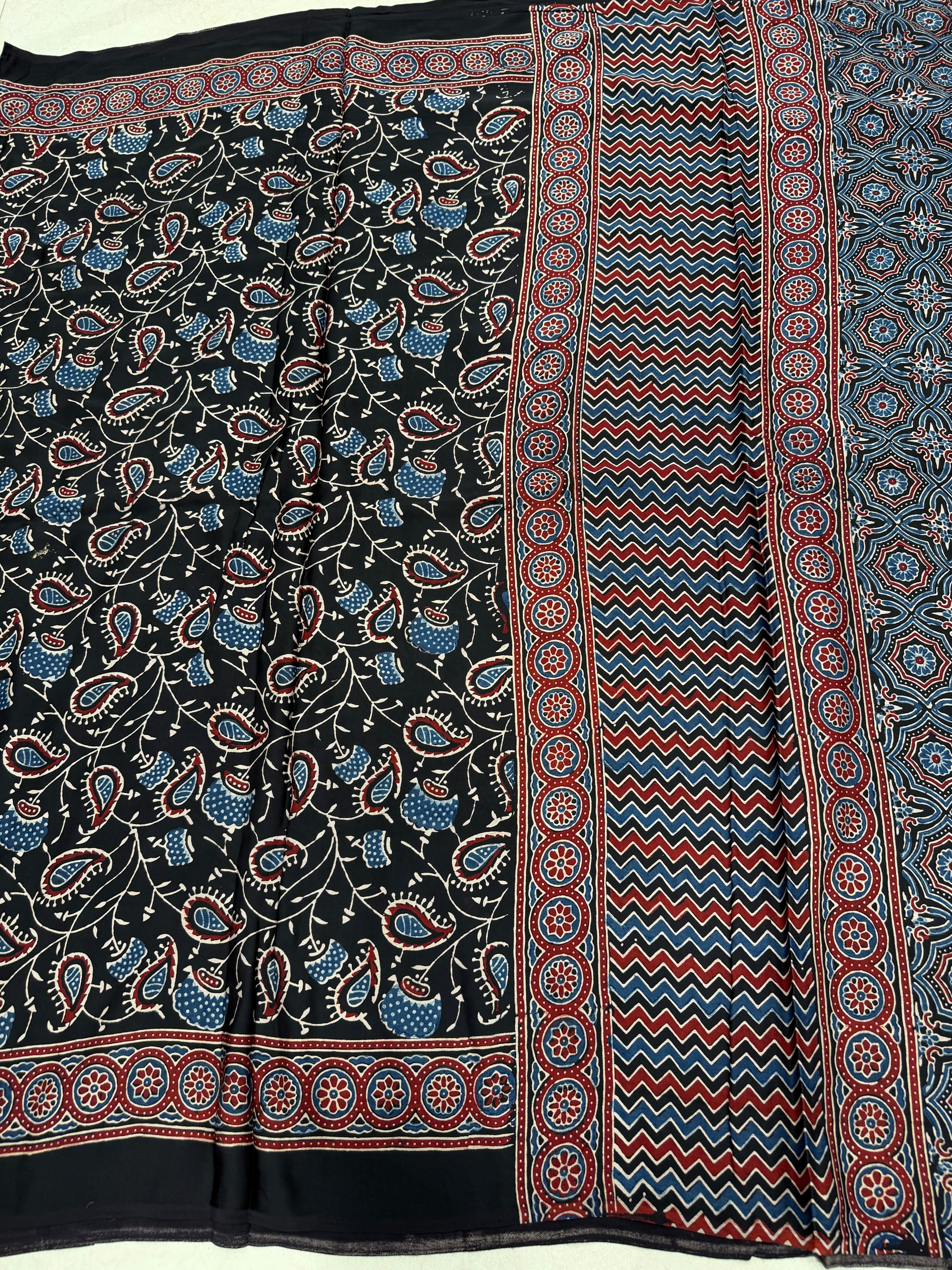 Black Jaal Ajrakh Hand Block Print Pure Gajji Silk Saree