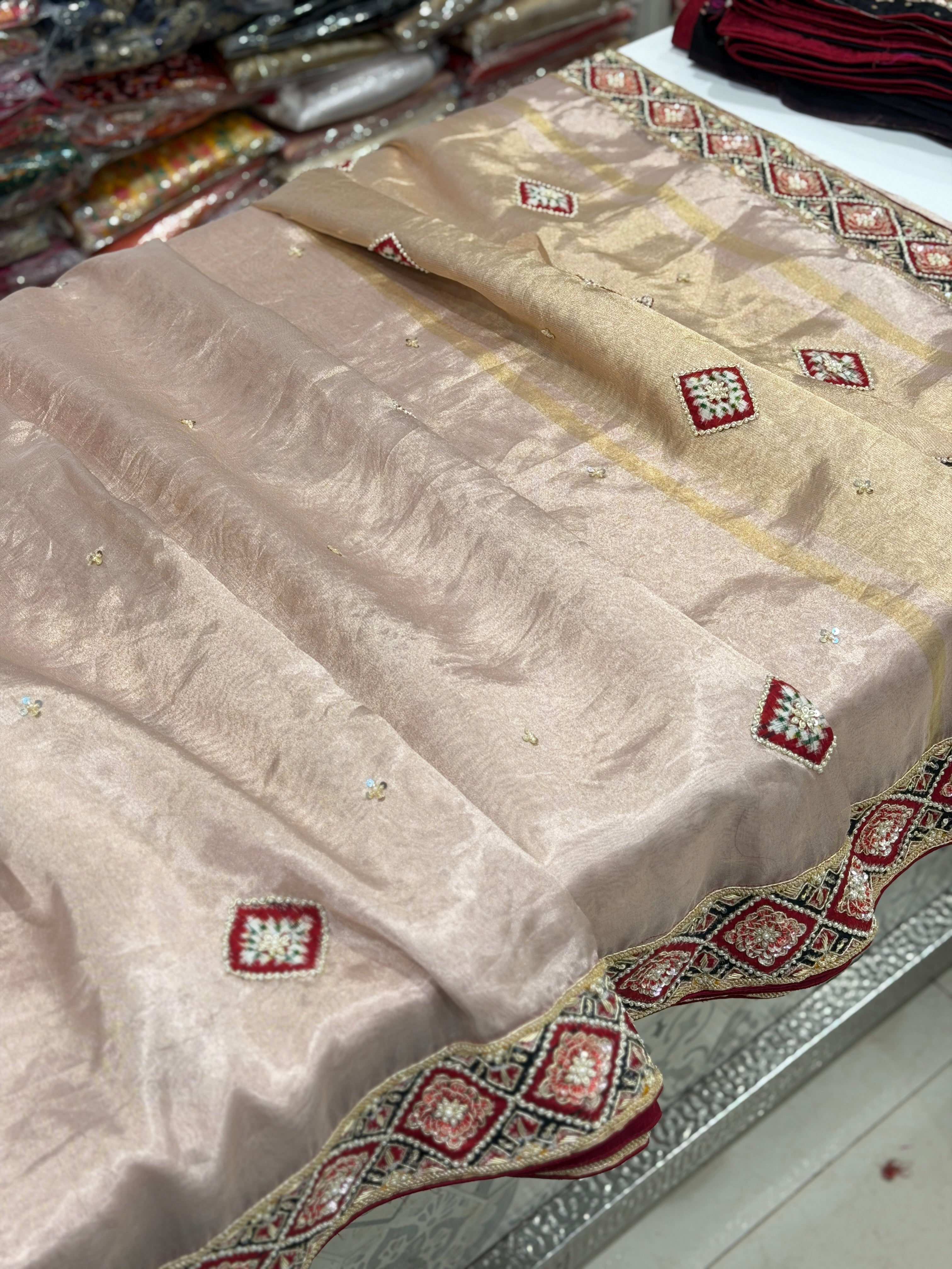 Pink Pure Tissue Patan Patola Patch Hand Embroidery Saree