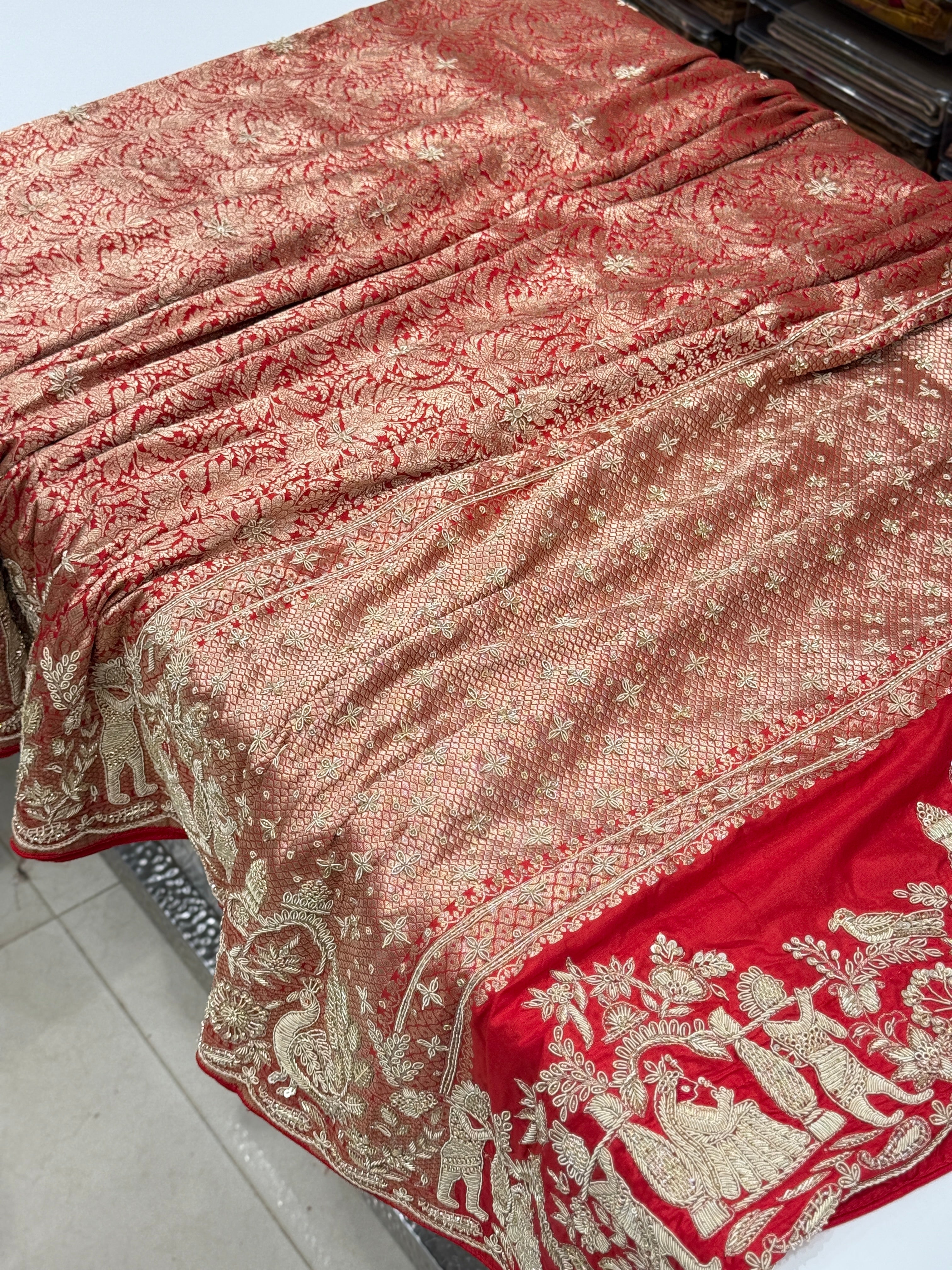 Red Banarasi Katan Doli Edit Zardosi Saree