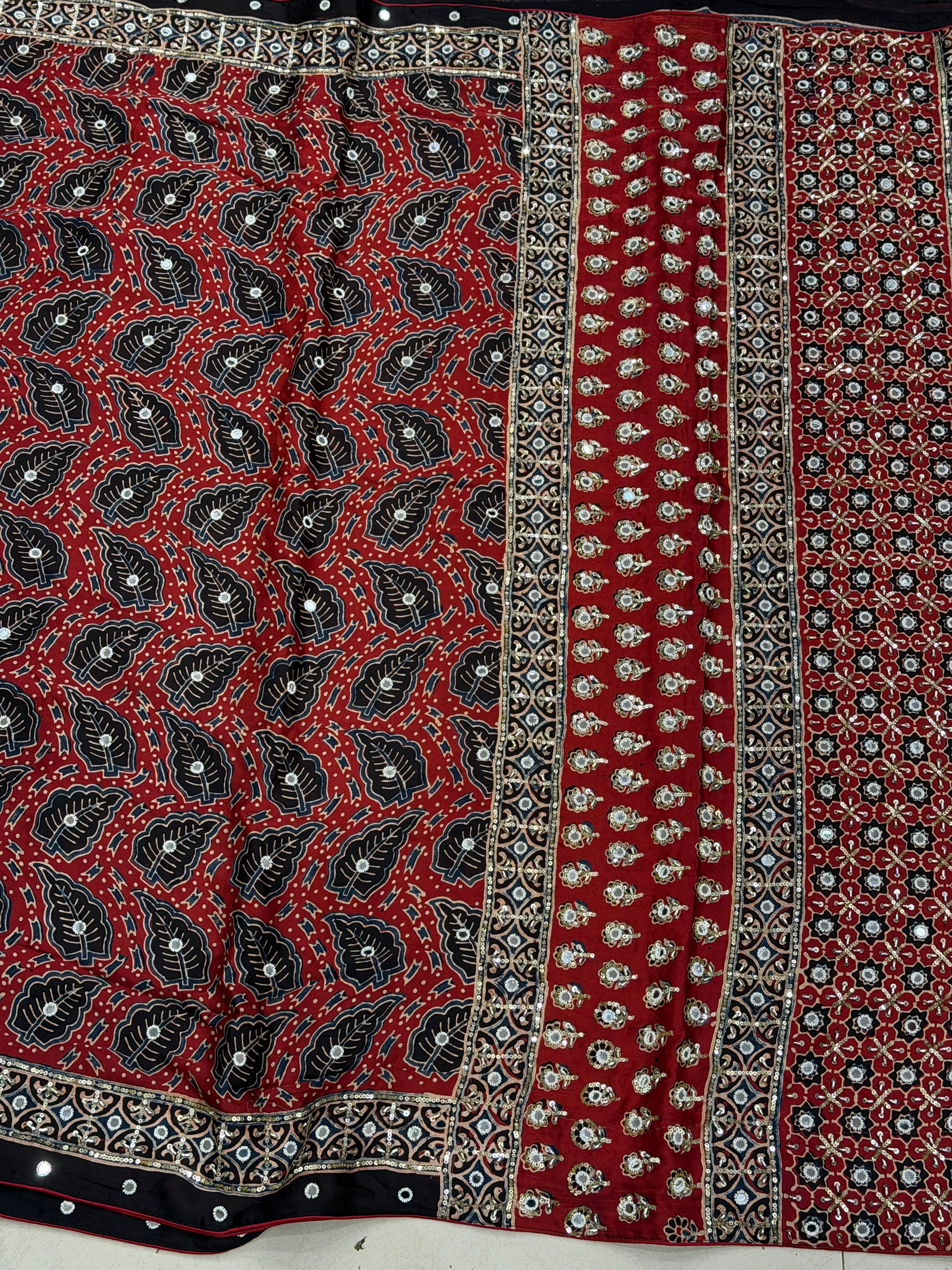 Red Leaf Buttas Ajrakh Real Mirror Moti Sequin Hand Embroidery Saree