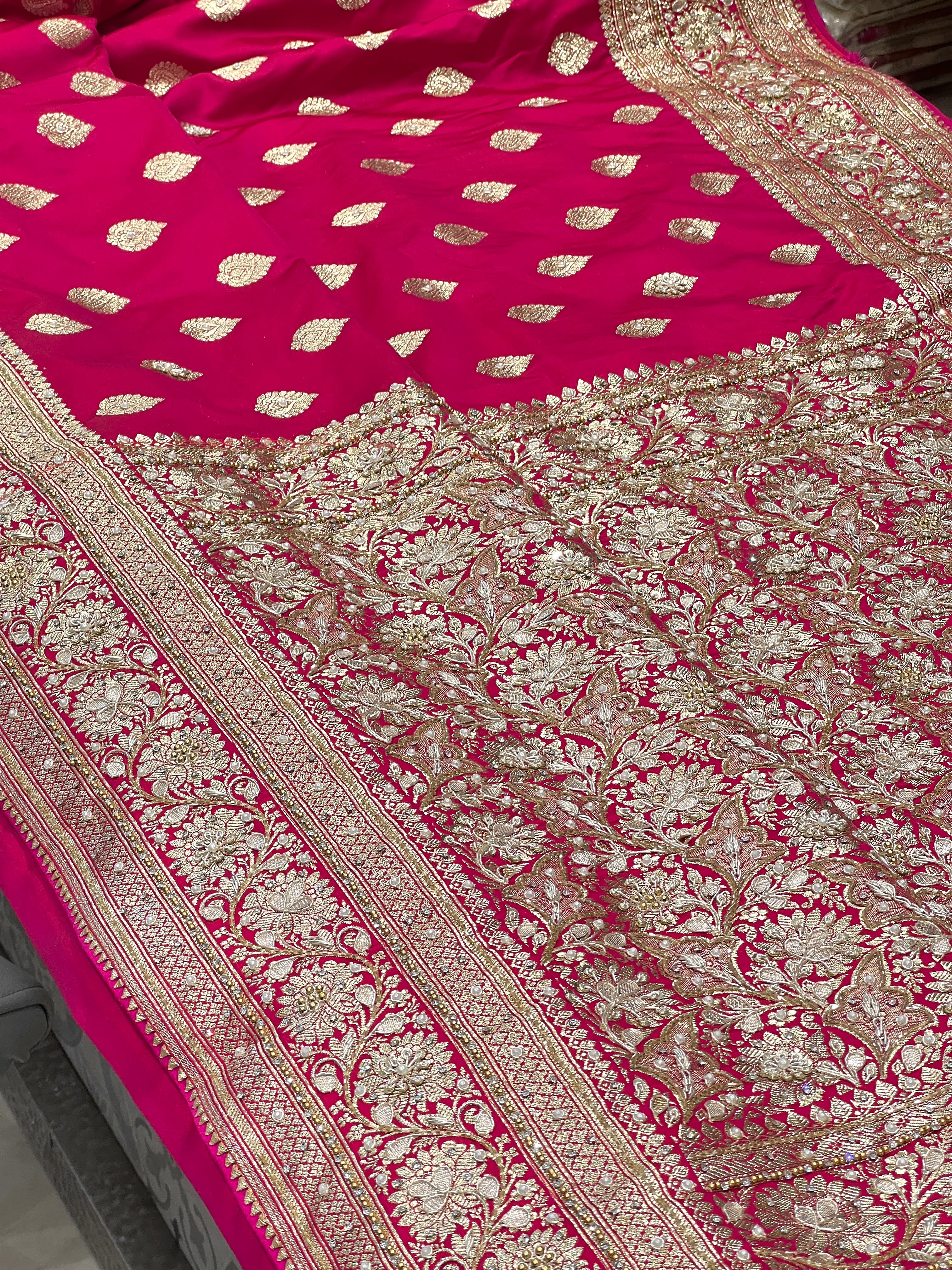 Rani Banarasi Silk Butta Hand Embroidery Saree