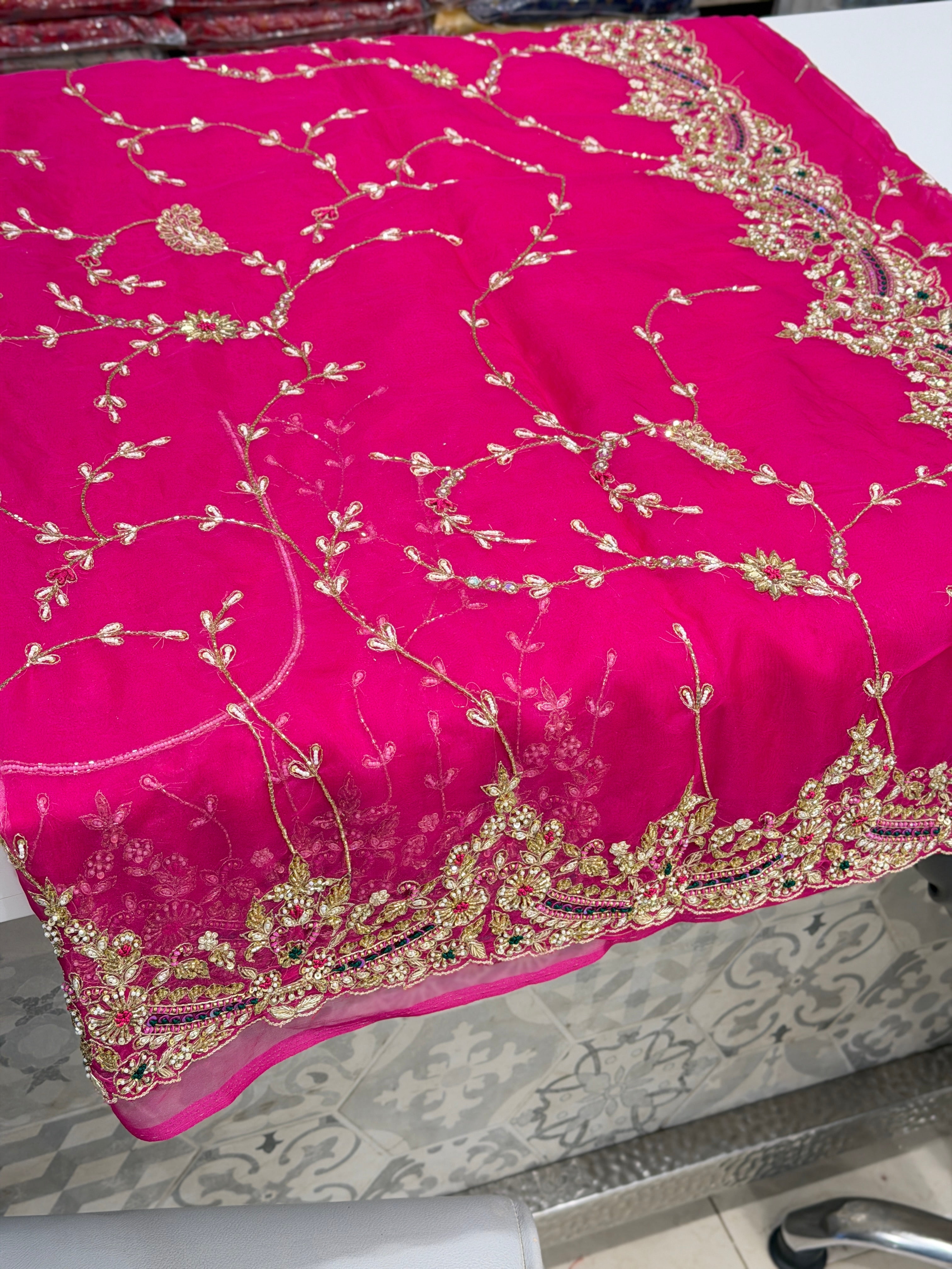 Rani Pink Organza Zardosi Resham Hand Embroidery Saree