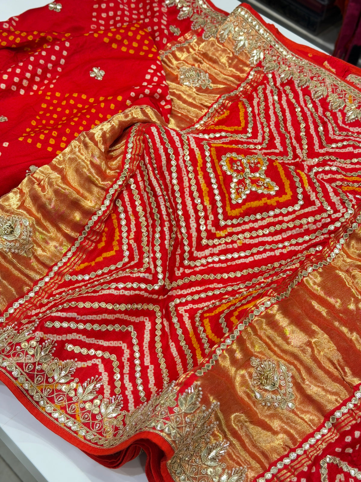 Red Jaal Faabiiana Inspired Gajji Silk Rai Bandhej Gotapatti Marodi Hand Embroidery Saree