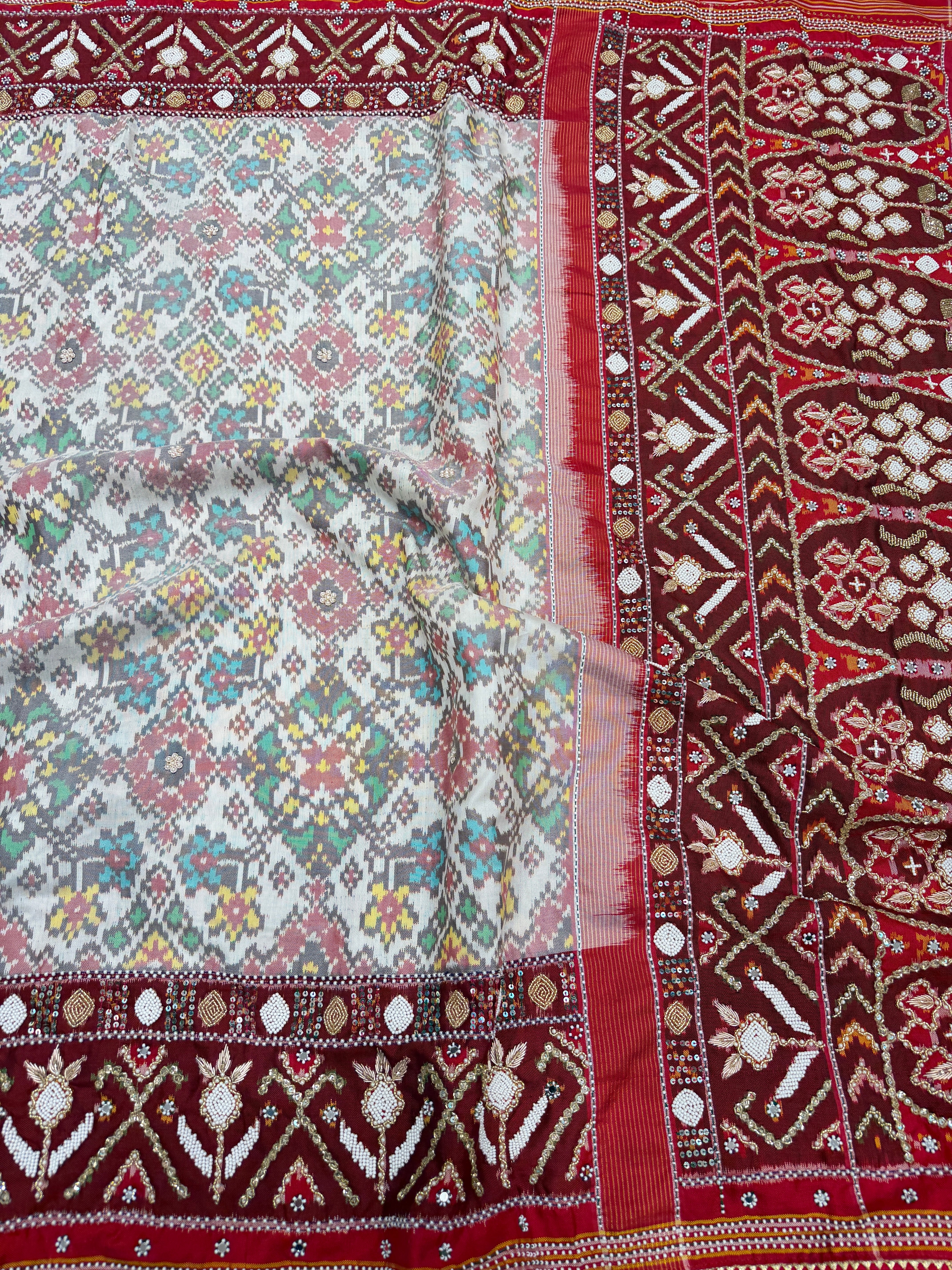 White Red Heavy Blouse Patan Patola Hand Embroidery Kidiya Moti Zardosi Saree