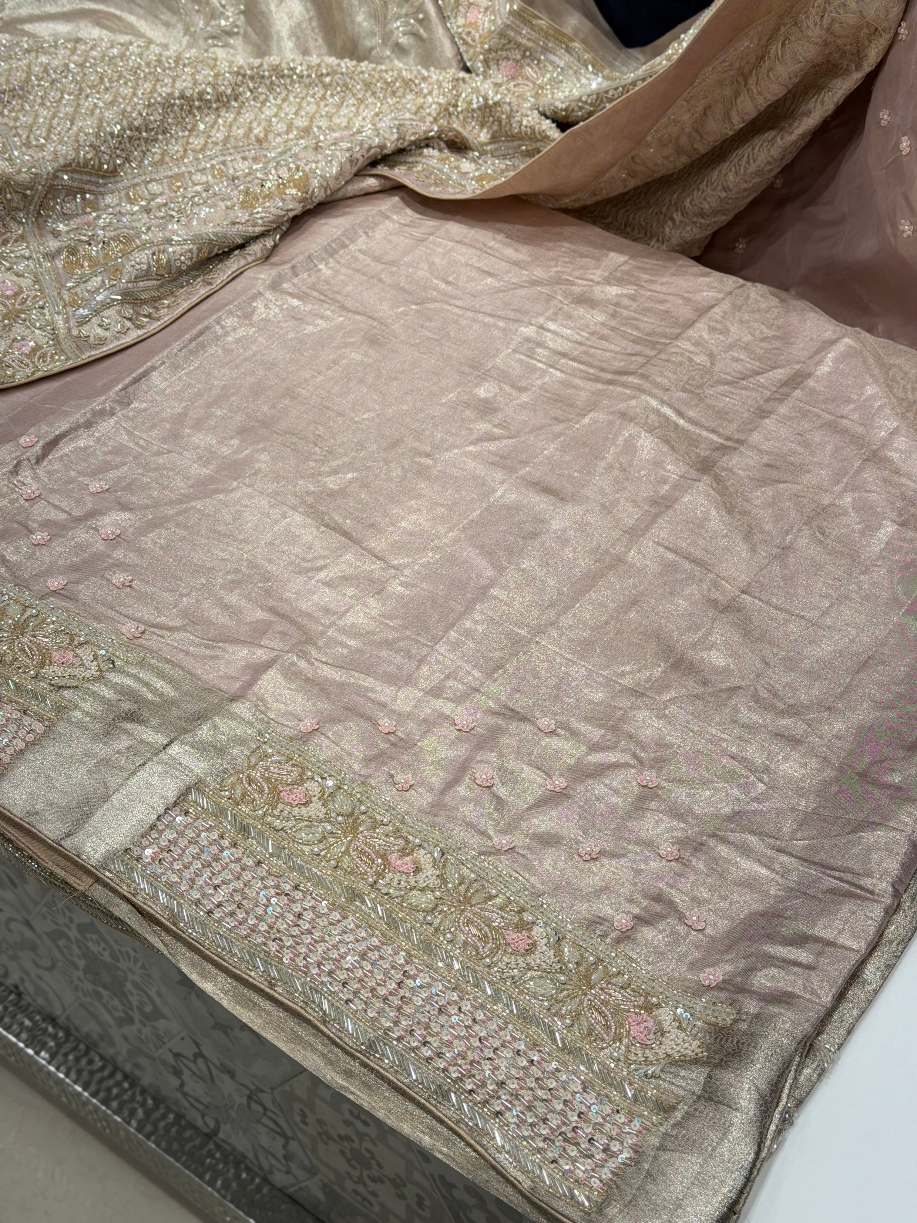 Pink Silver Kanjivaram Three Zari Hand Embroidery Zardosi Moti Sequin Saree