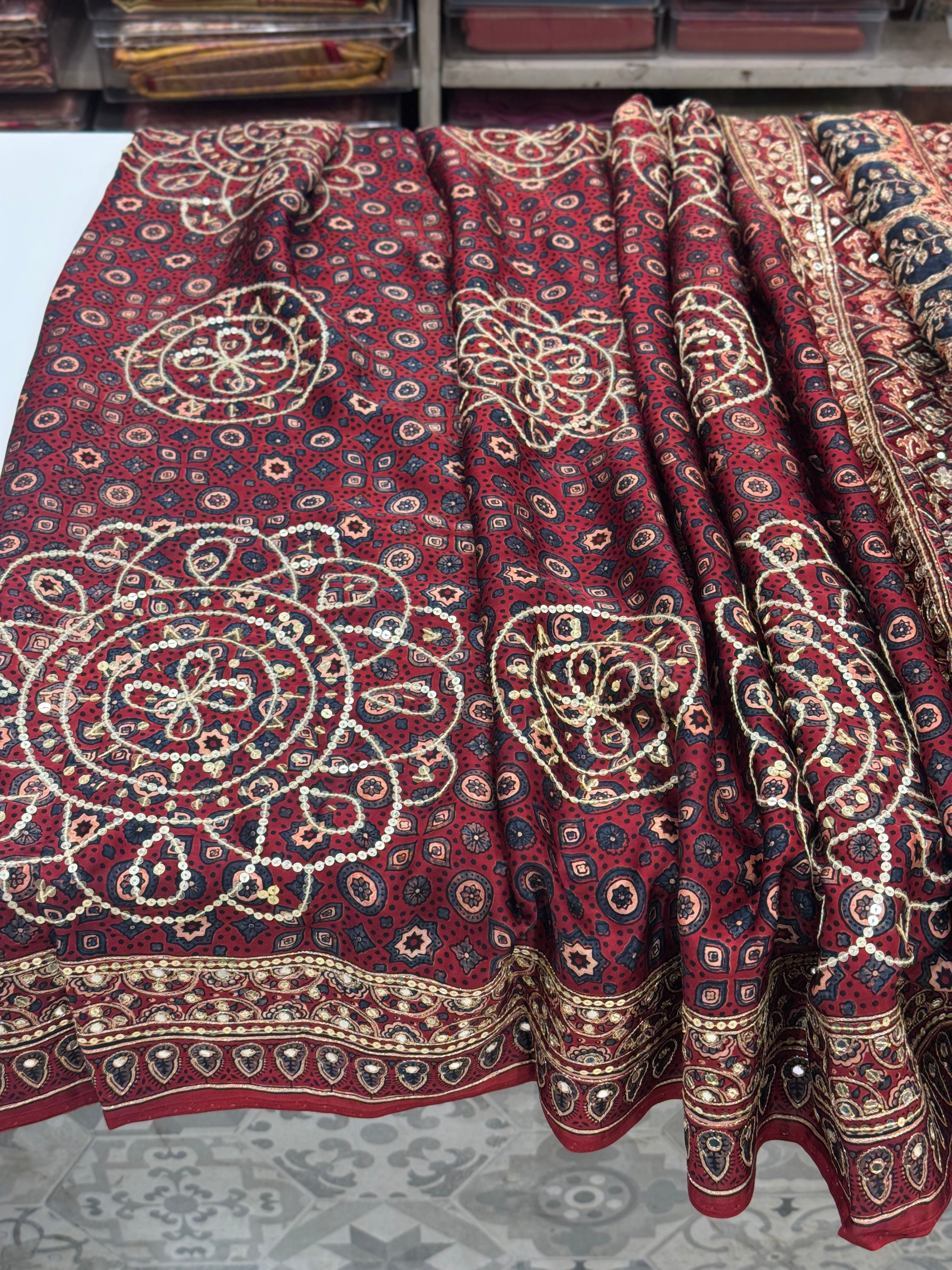 Red Alia Bhatt Inspired Hand Embroidery Ajrakh Saree