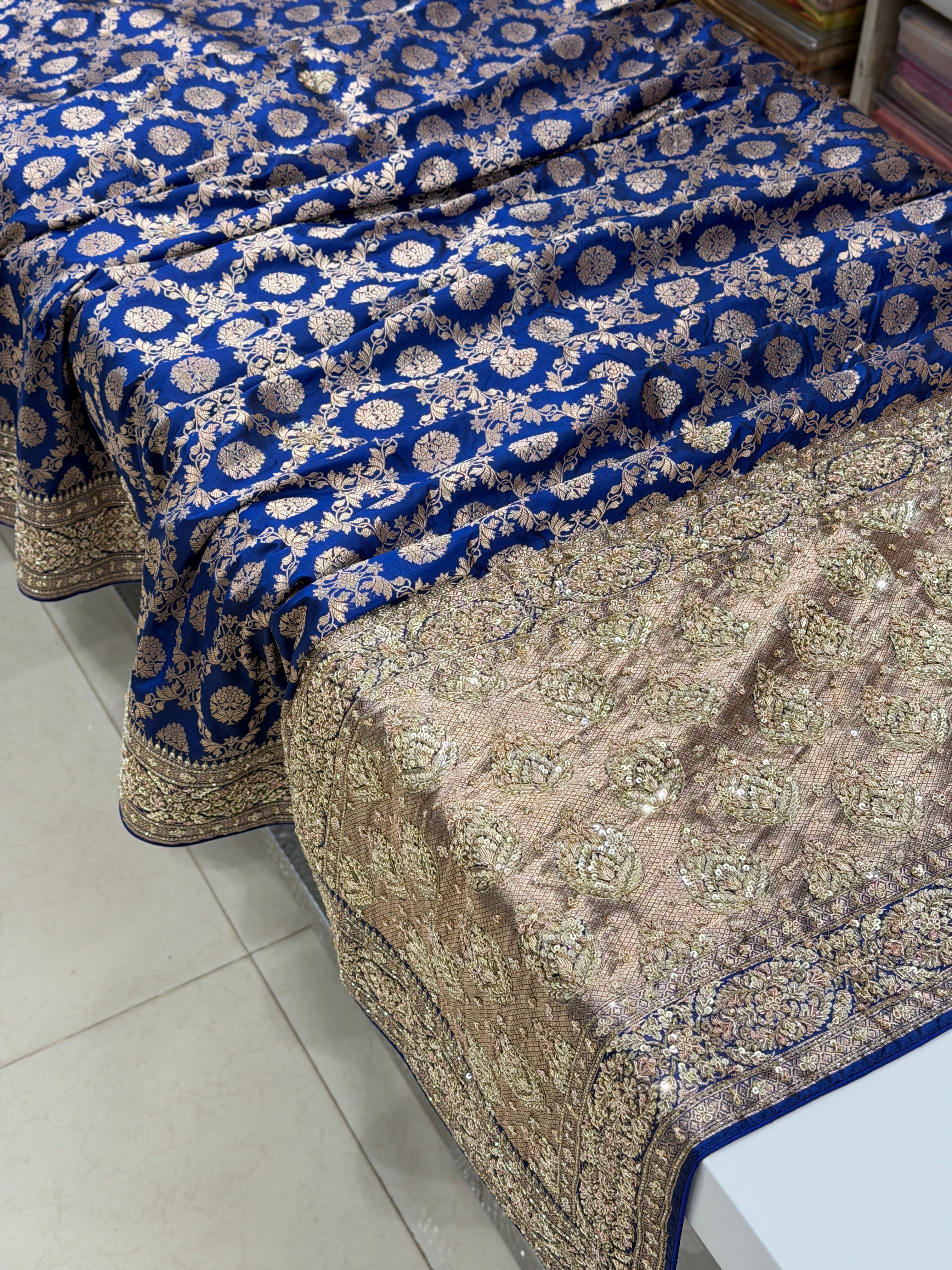 Blue Handloom Banarasi Katan Zardosi Hand Embroidery