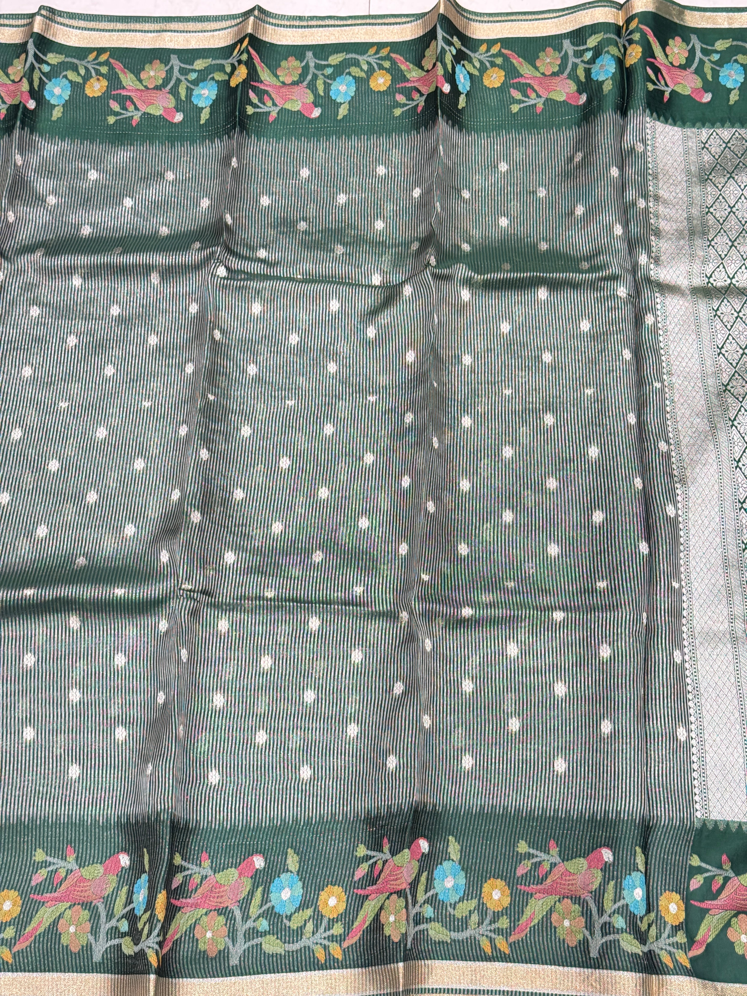 Bottle Green Contemporary Tissue Parsi Petit Point Weaved Saree