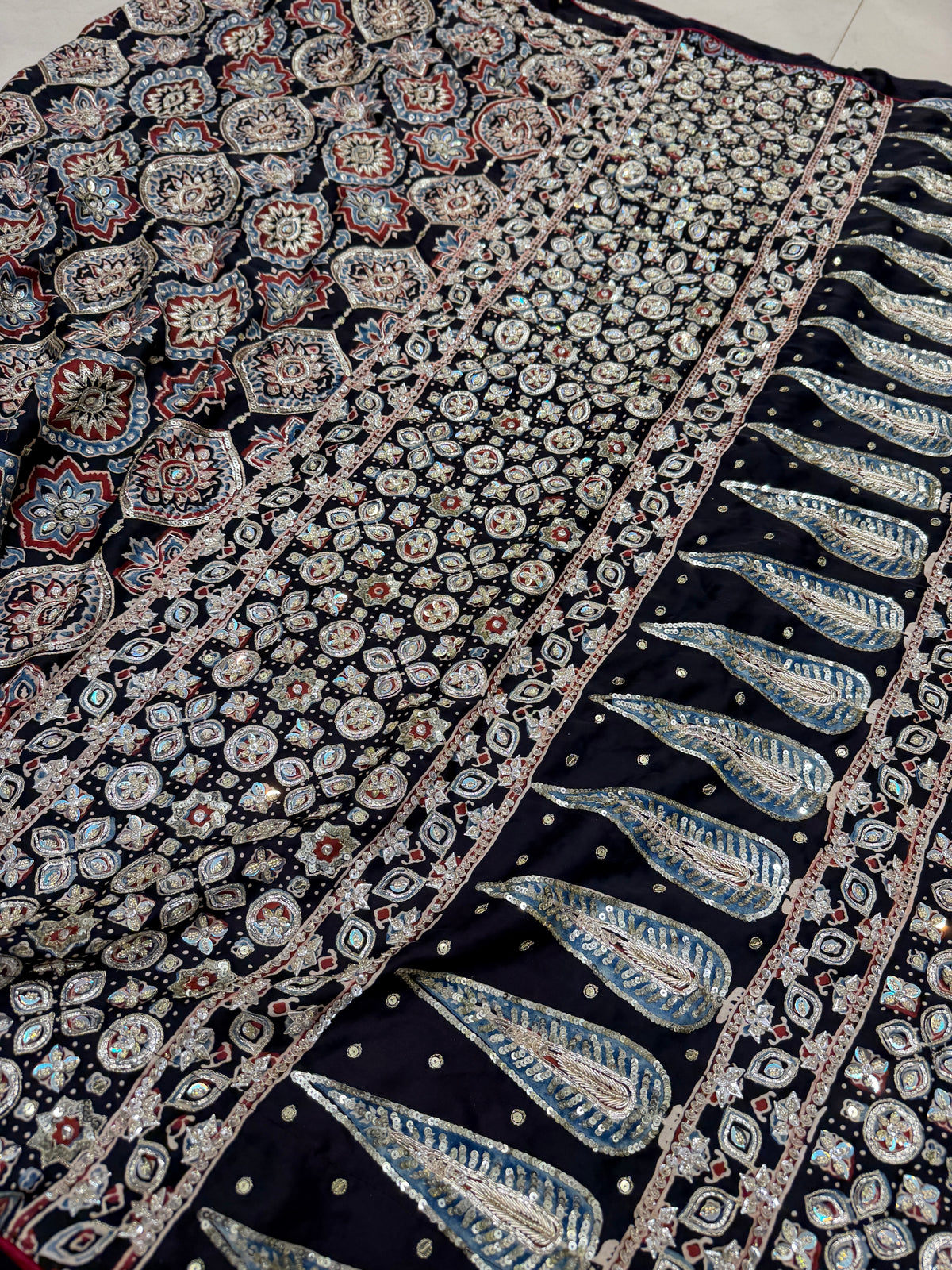 Black Badam Jaal Pita Zardosi Sequin Ajrakh Hand Embroidery Saree