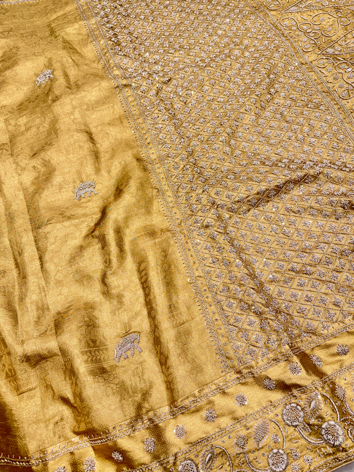 Golden Floral Kanjivaram Zardosi Hand Embroidery Saree