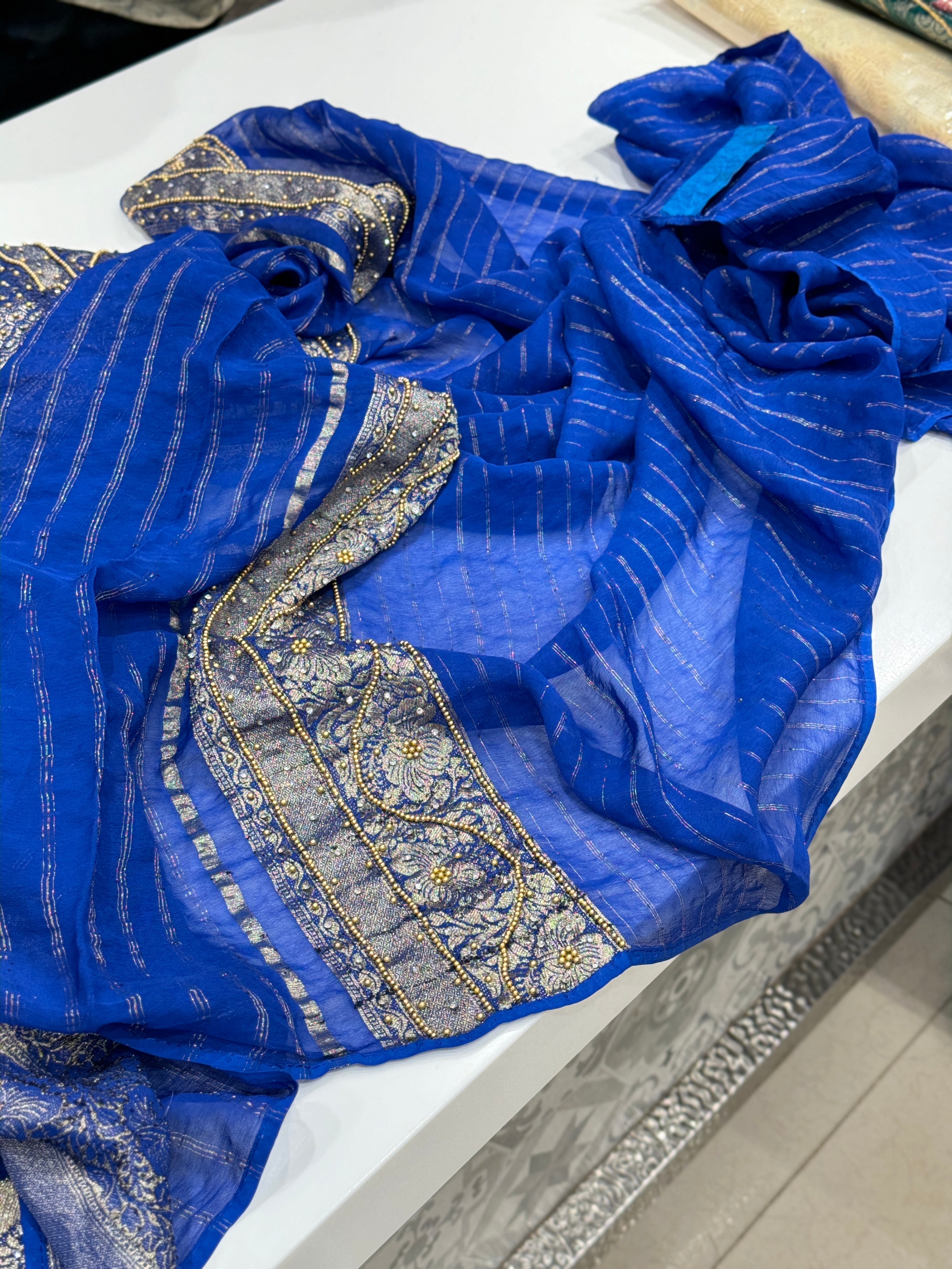 Royal Blue Banarasi Khaddi Georgette Hand Embroidery Saree