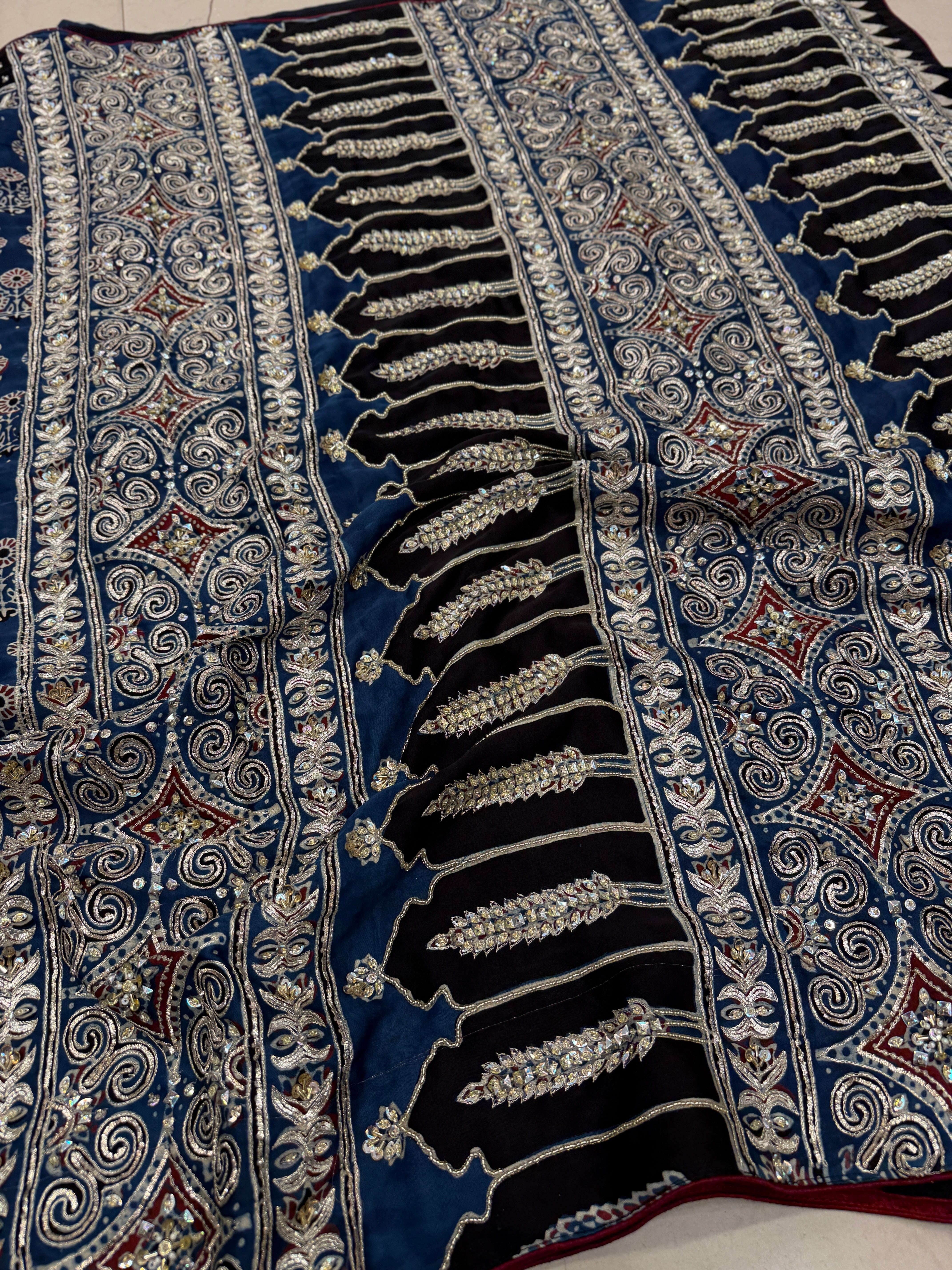 Blue Buttas Pita Zardosi Sequin Ajrakh Hand Embroidery Saree