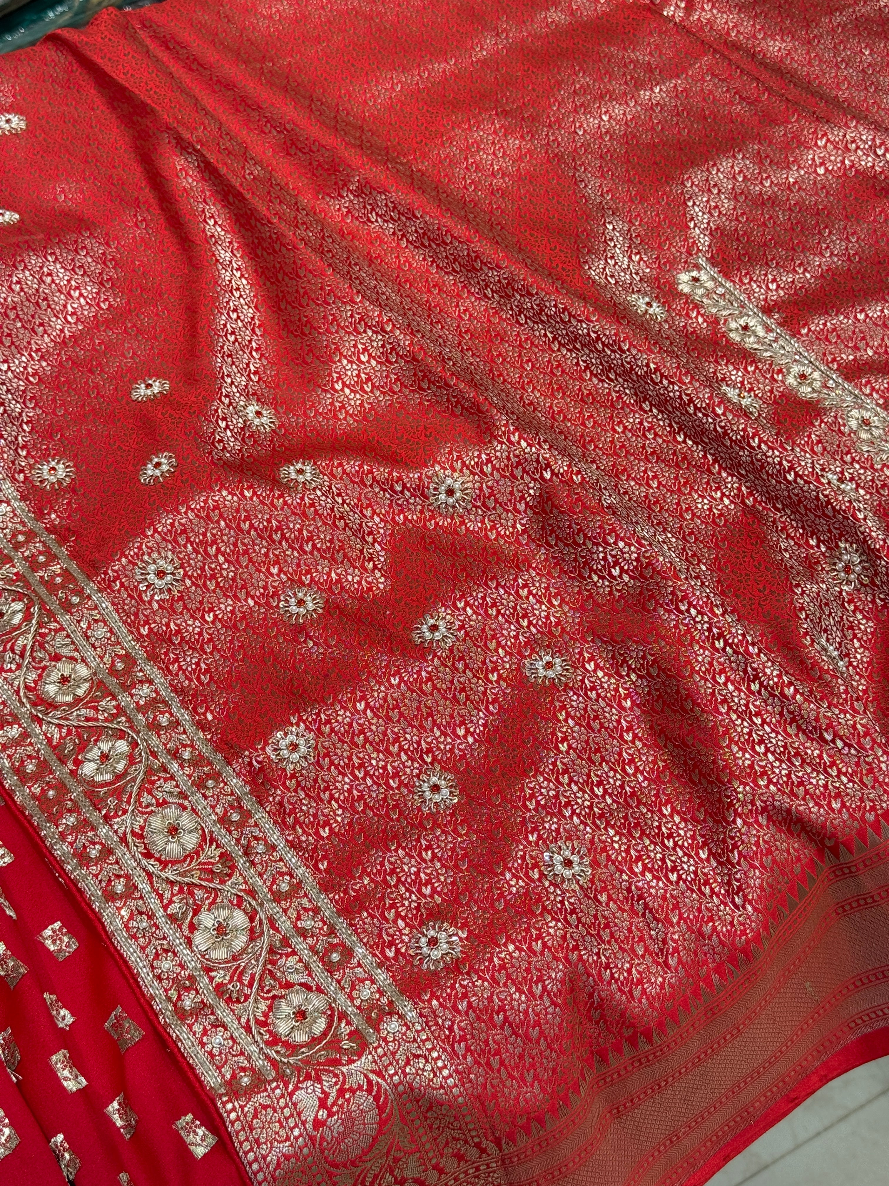 Red Banarasi Silk Small Butti Crystal Zardozi Hand Embroidery Saree