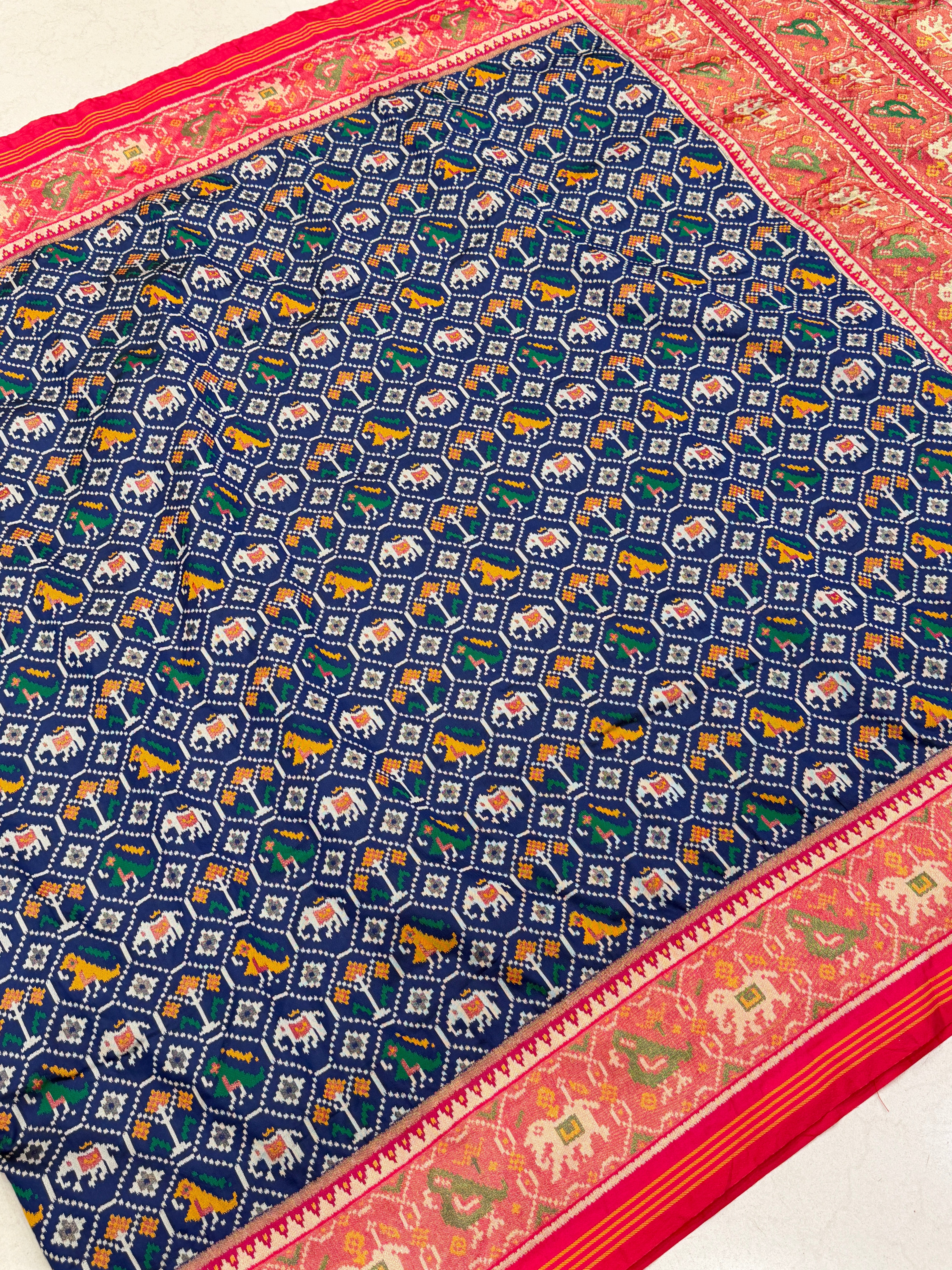 Blue Pink Elephant Jaal Semi Silk Weaved Patan Patola Saree