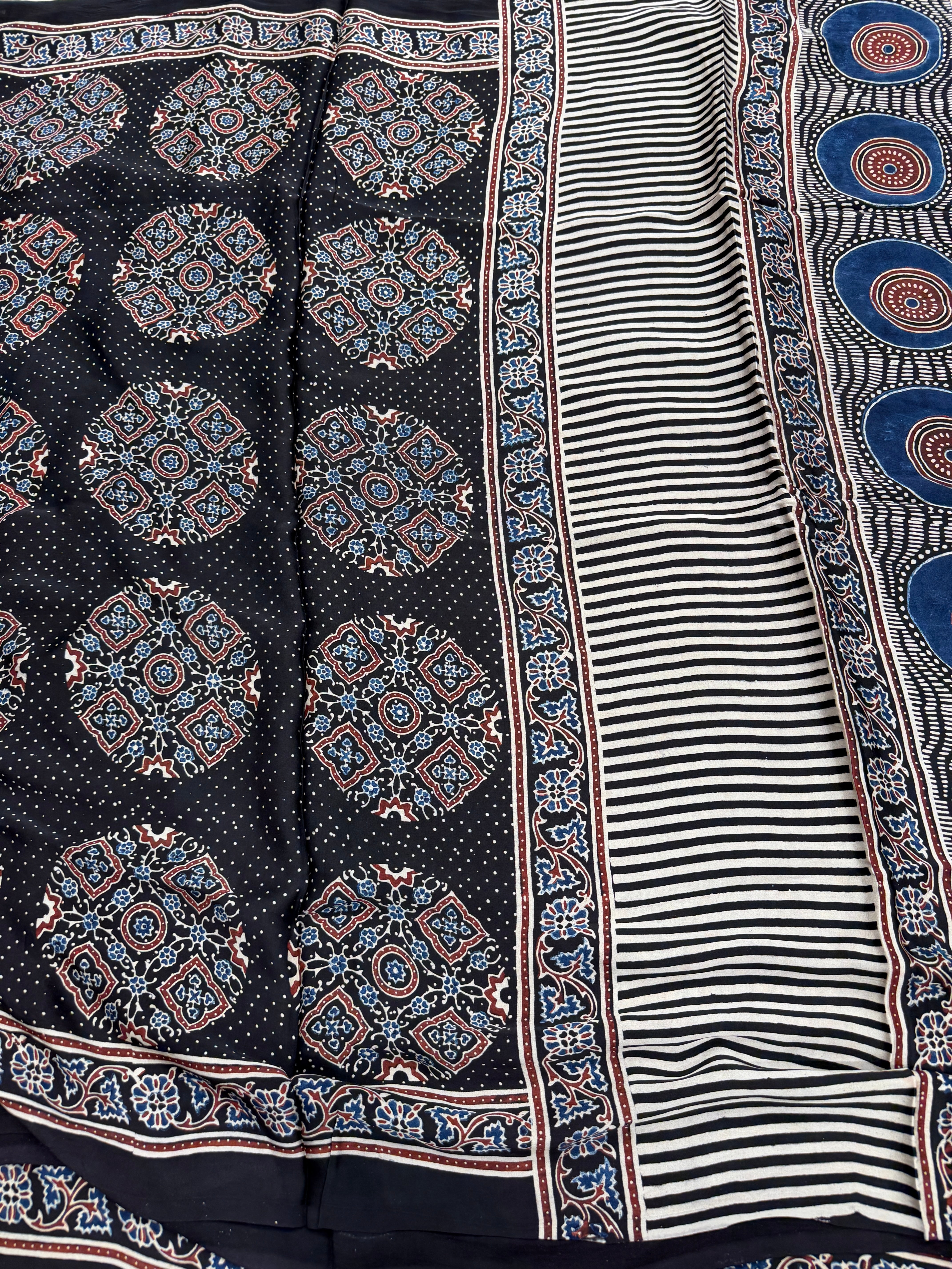 Black Contemporary Ajrakh Hand Block Print Pure Gajji Silk Saree