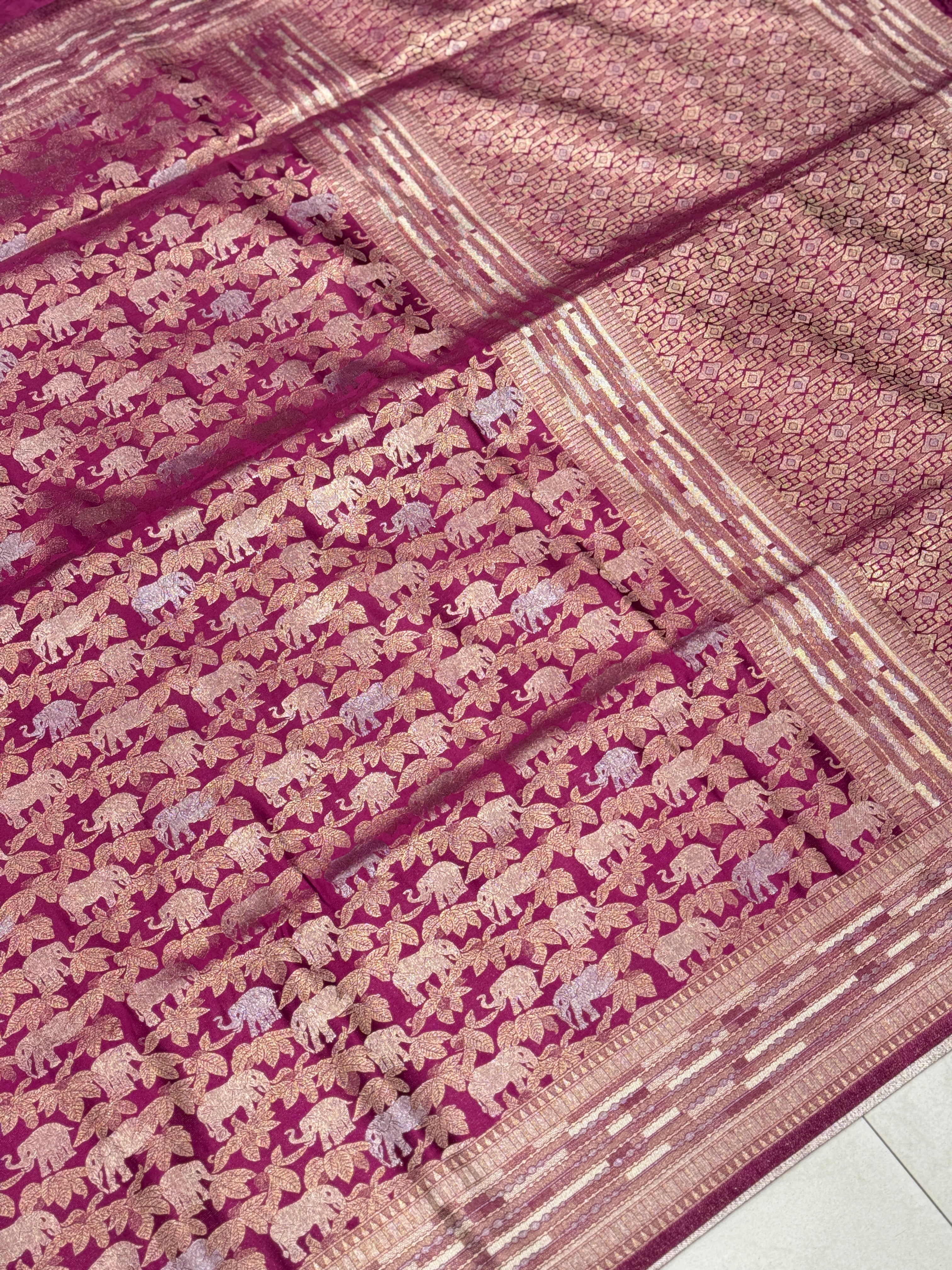 Wine Banarasi Soft Silk Semi Elephant Motif Saree