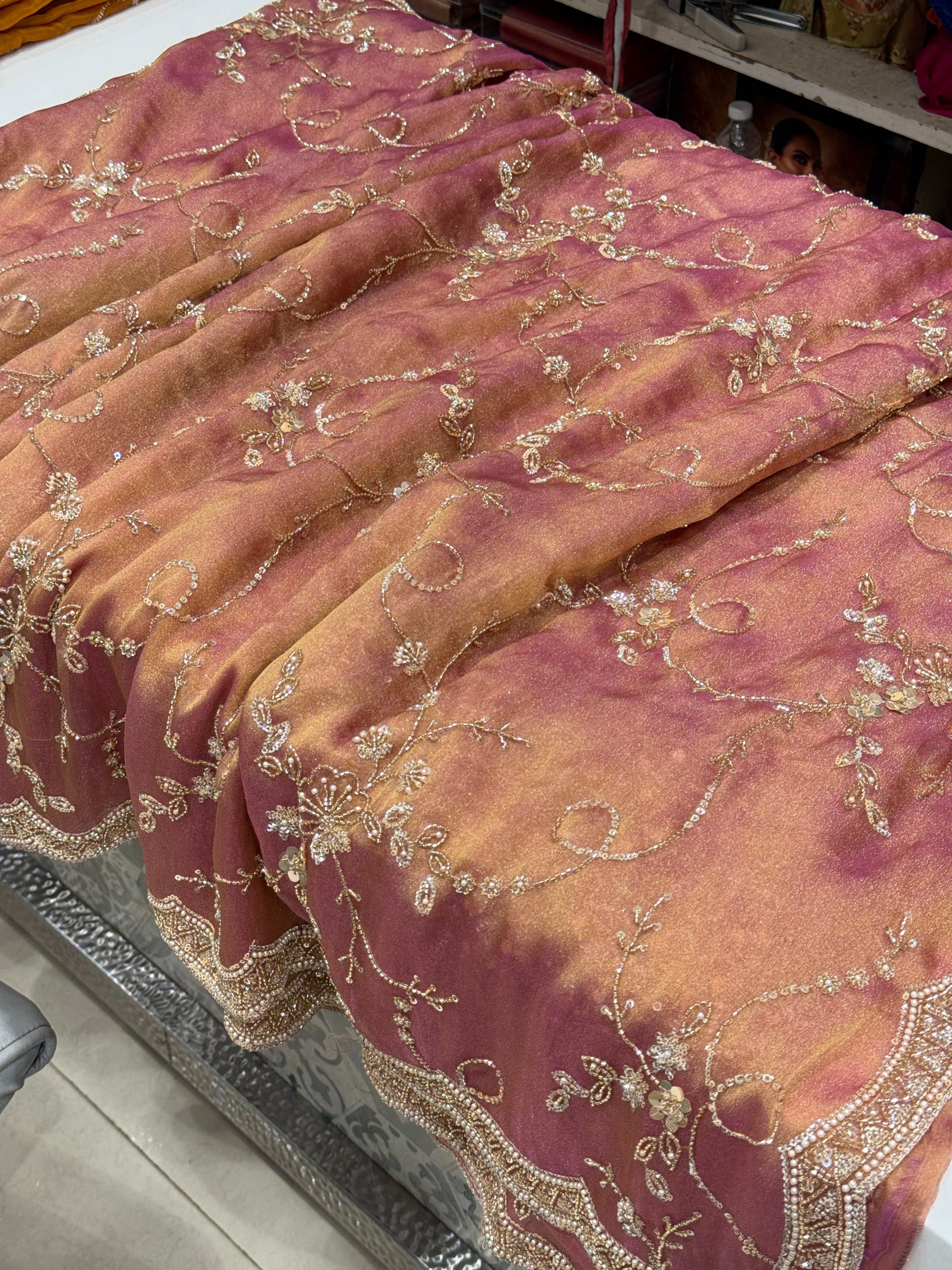 Peach Soft Tissue Moti Embroidery Jaal Saree