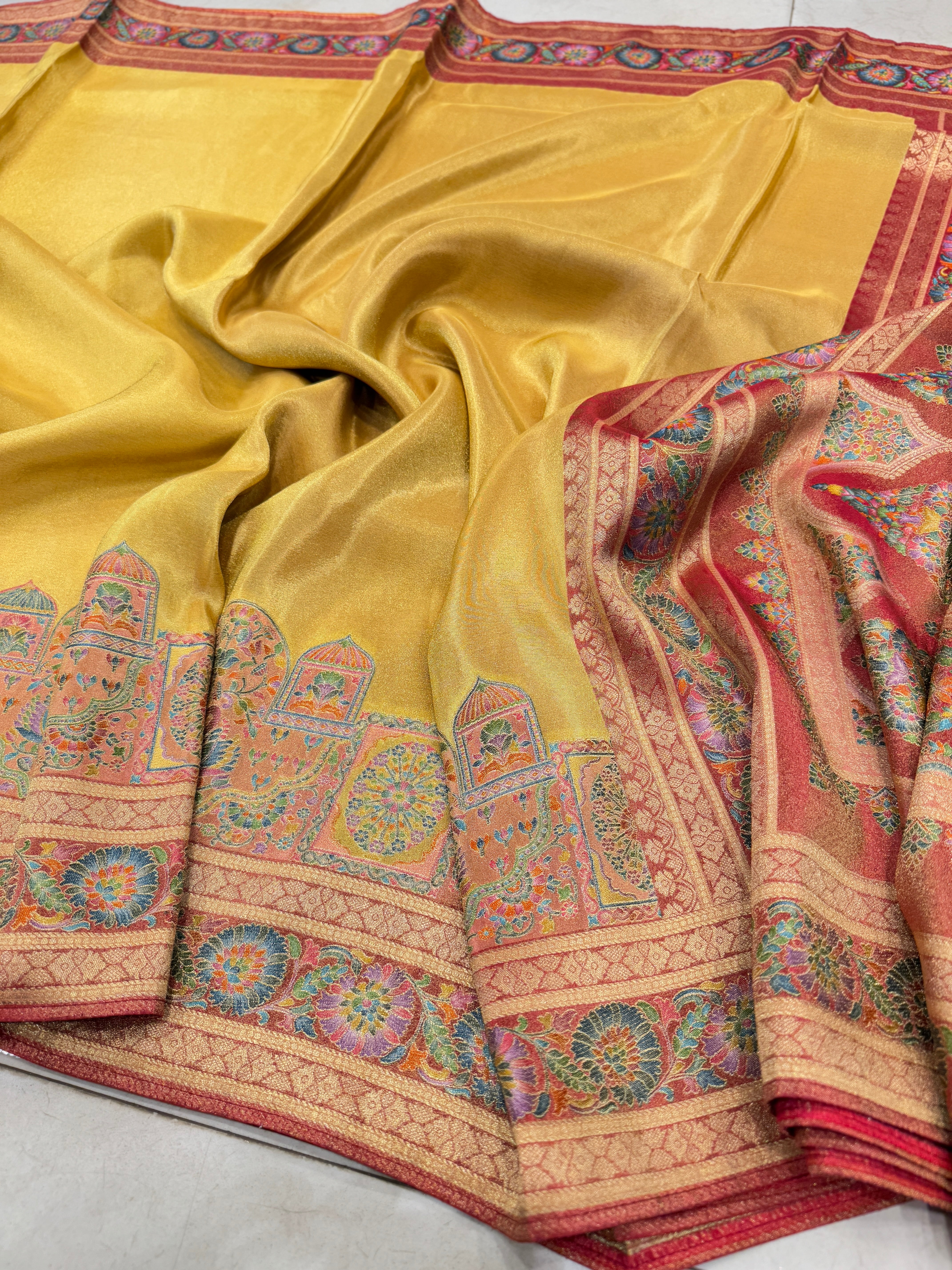 Yellow Crepe Tissue Gala Pashmina Saree