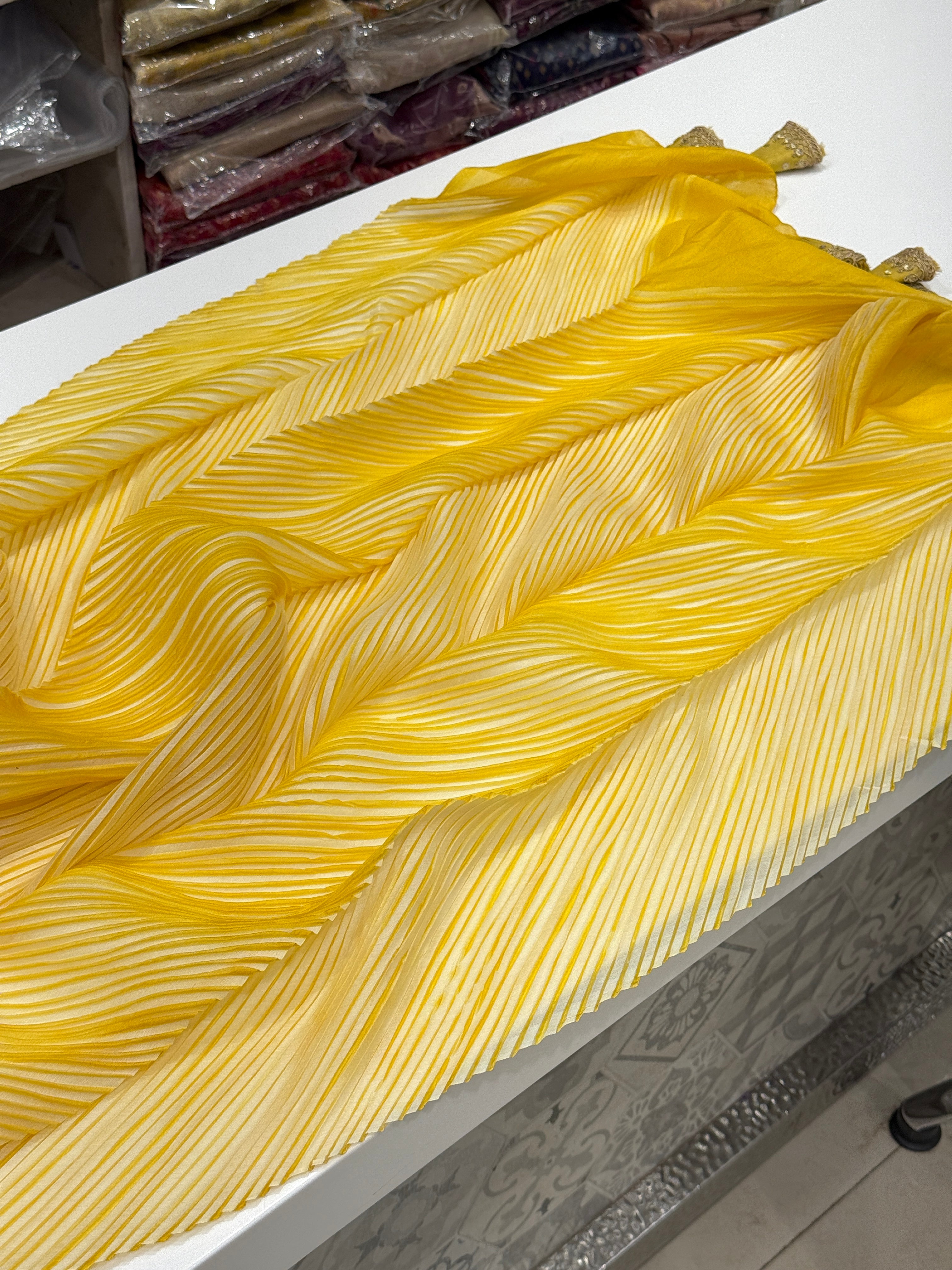 Yellow Crushed Tussor with Ready Blouse Saree