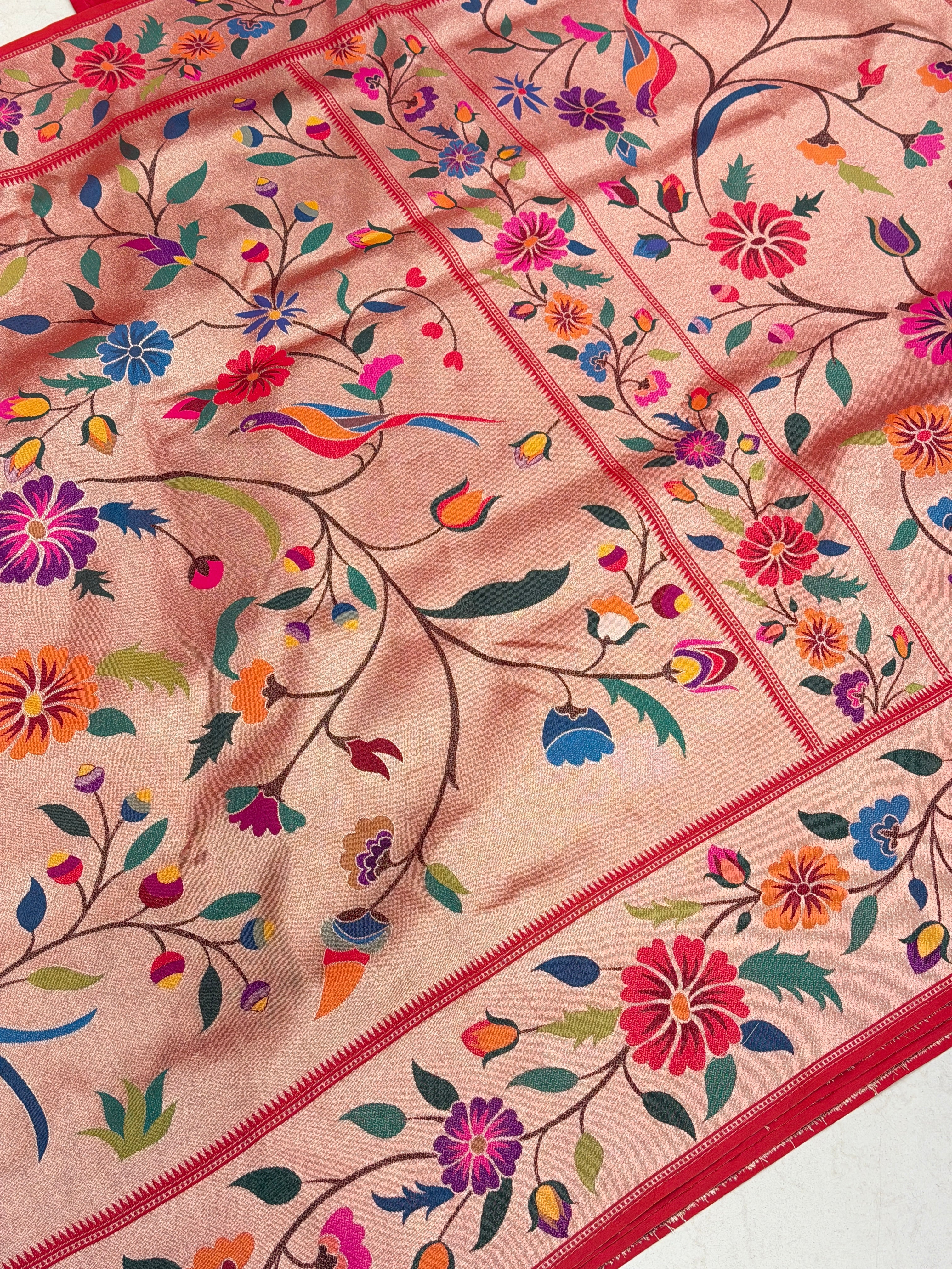 Golden Red Tissue Silk Paithani Meenakari Jaal Saree