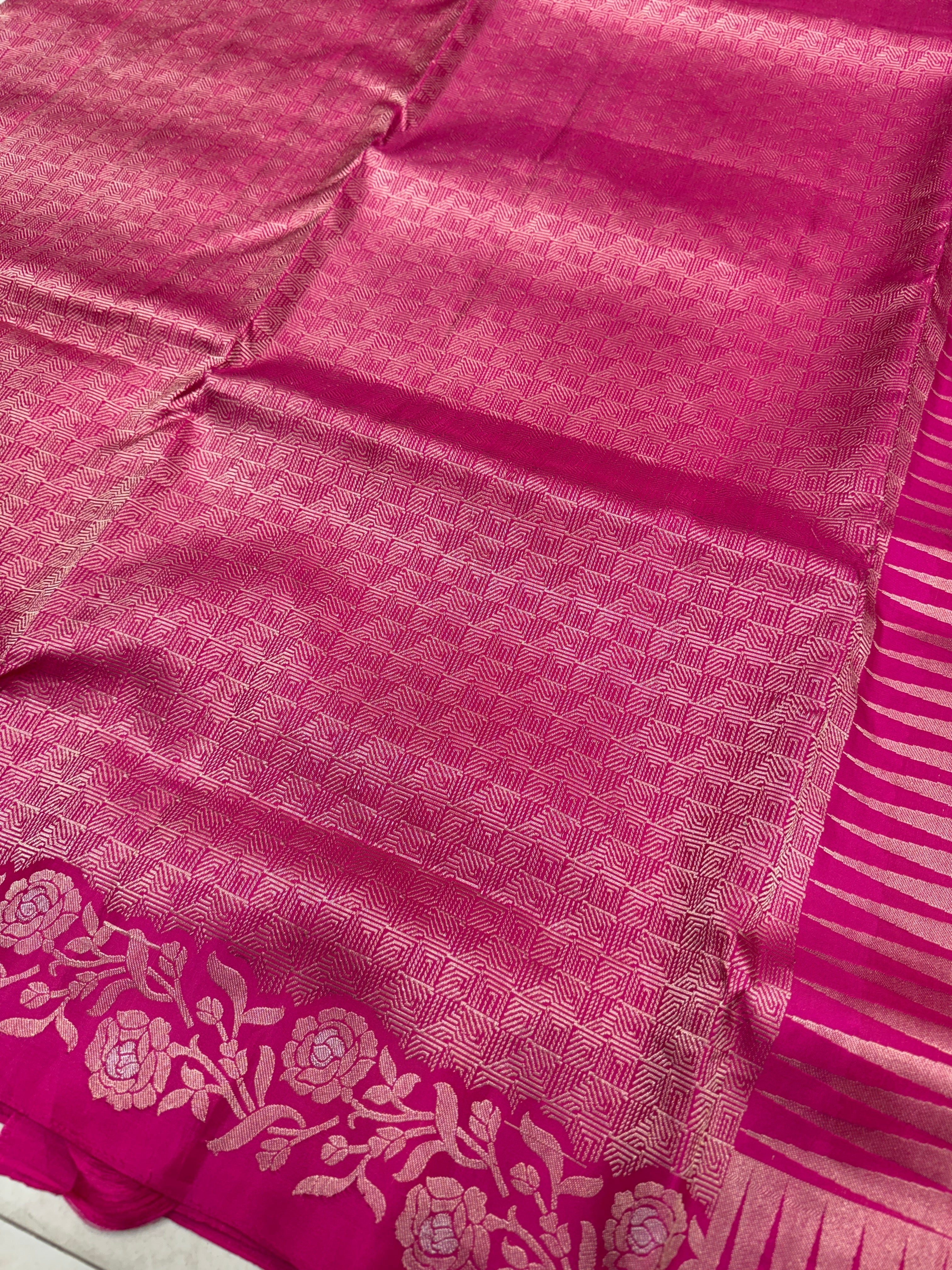 Rani Pink Rose Border Brocade Handloom Kanchipuram Pure Silk Saree