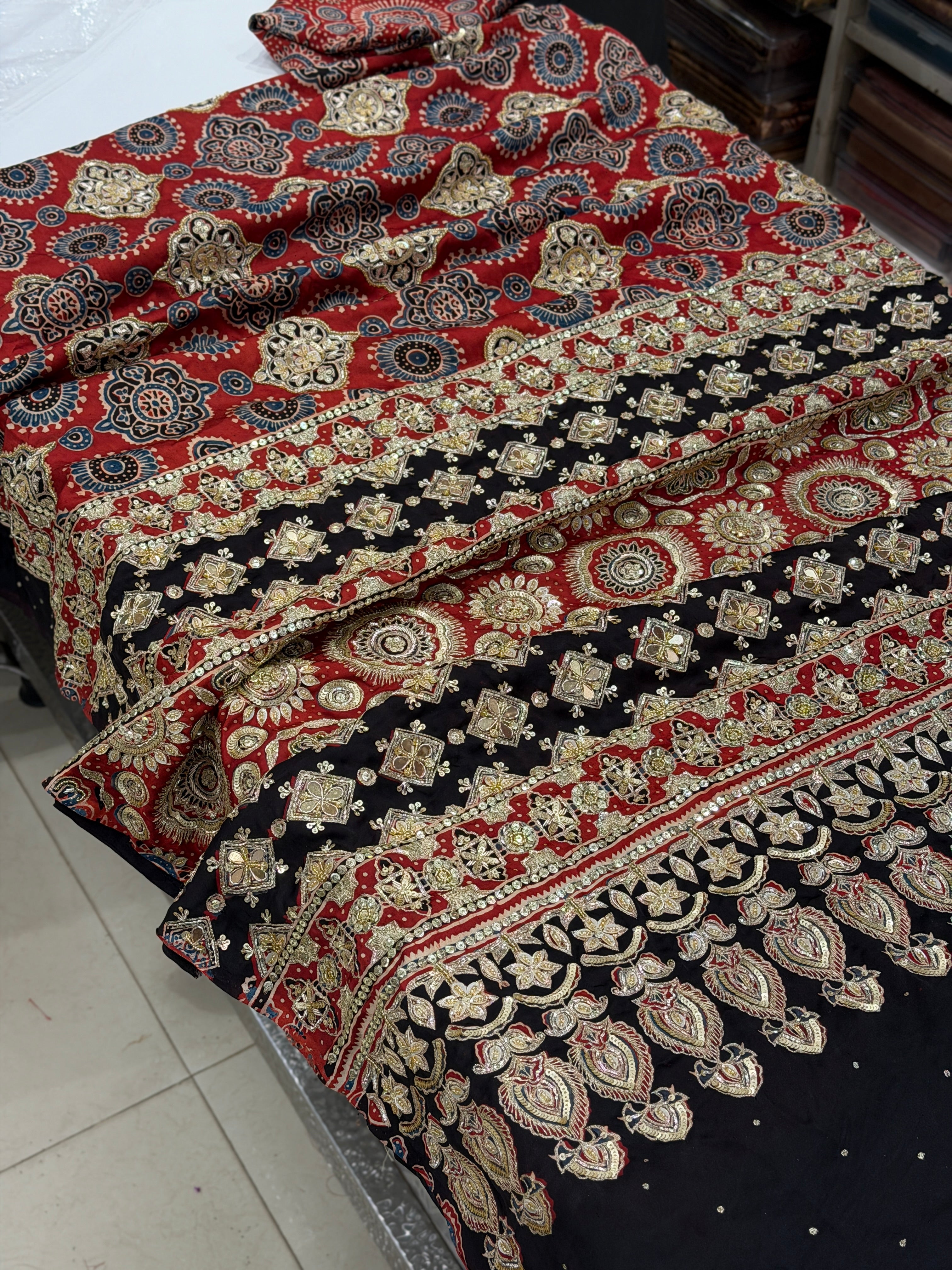 Red Black Badam Jaal Pita Sequin Ajrakh Hand Embroidery Saree