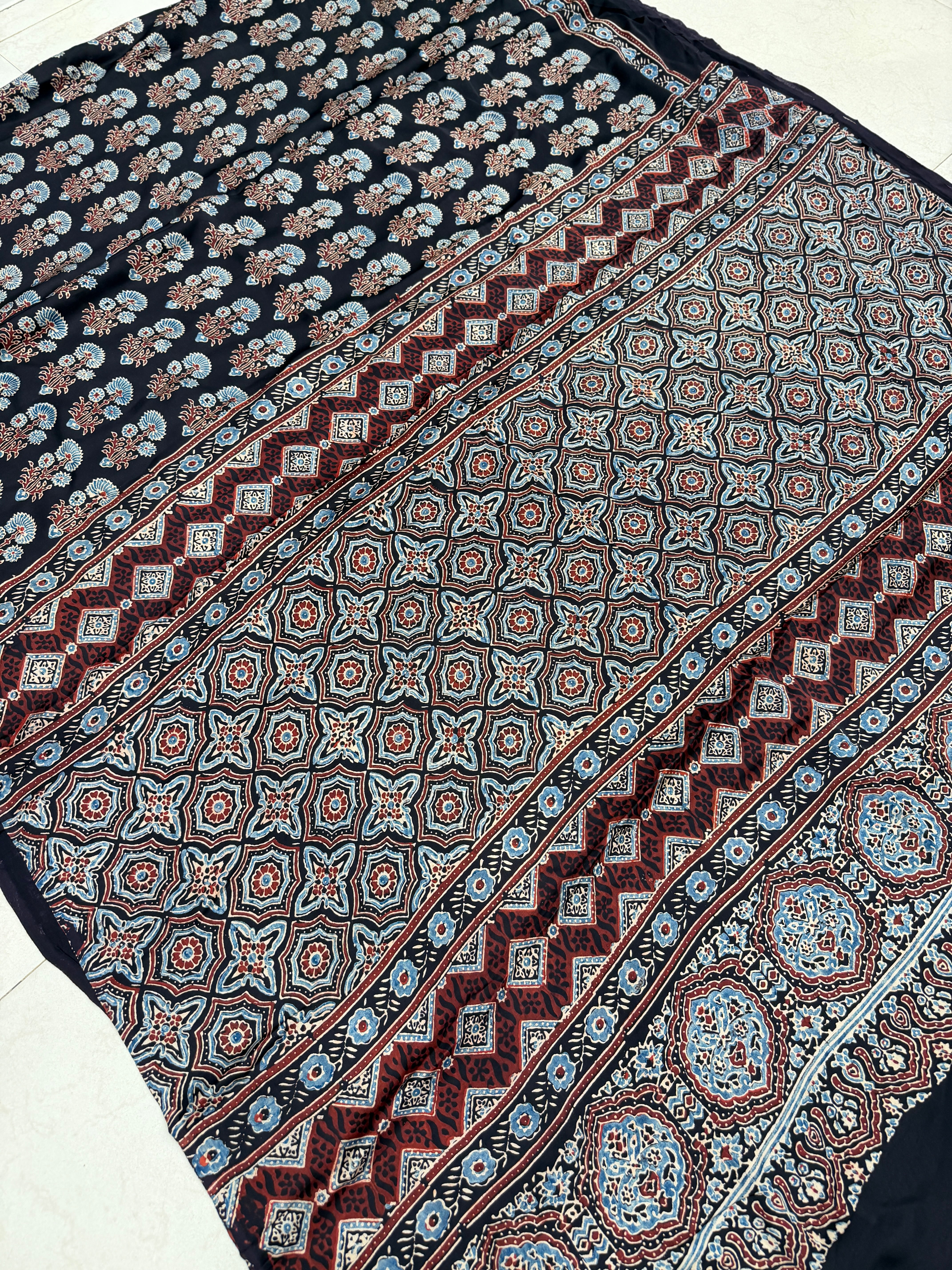 Black Butta Ajrakh Hand Block Print Pure Gajji Silk Saree