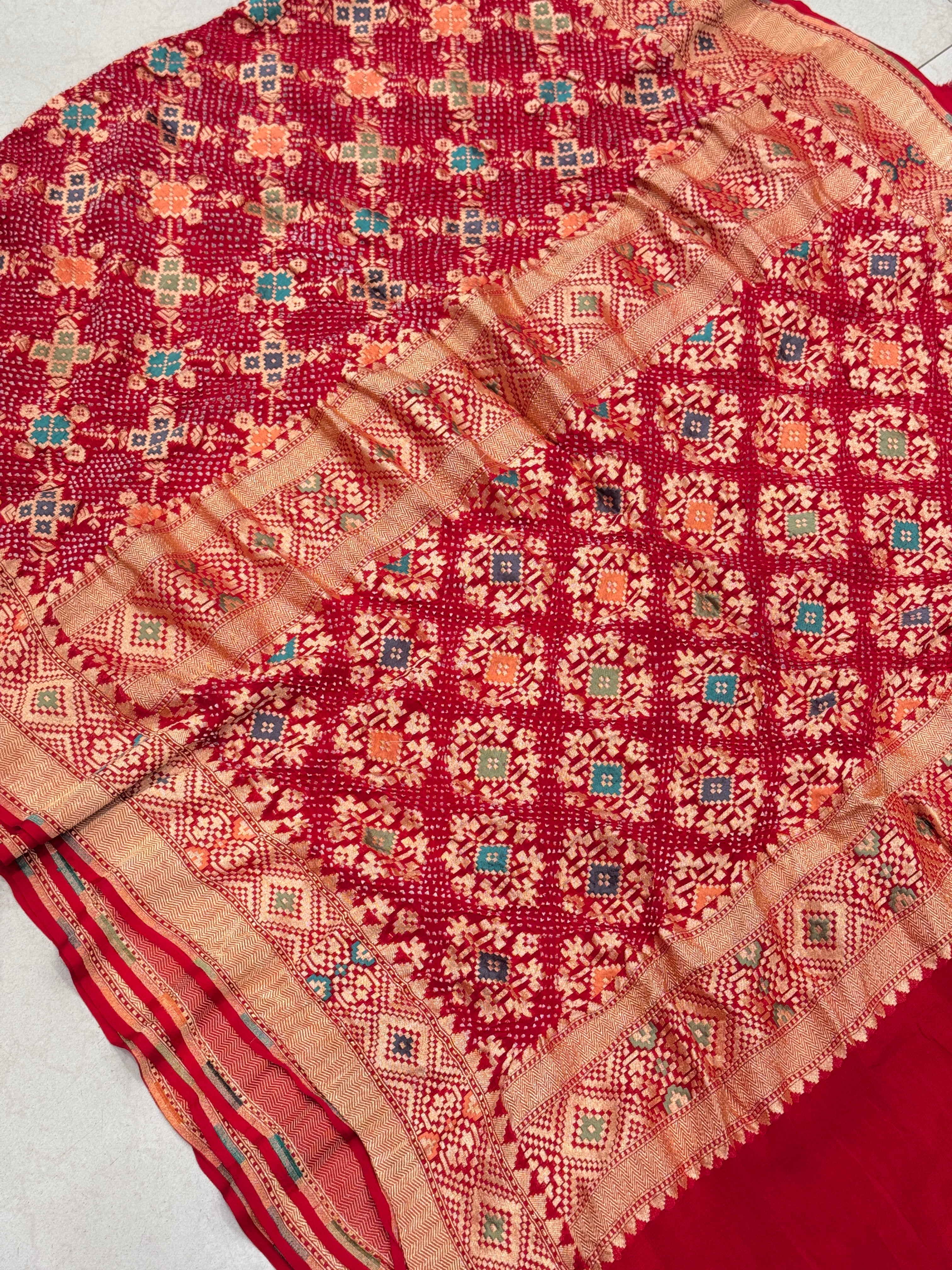 Red Handloom Meenakari Bandhej Bandhini Saree Patola Weave